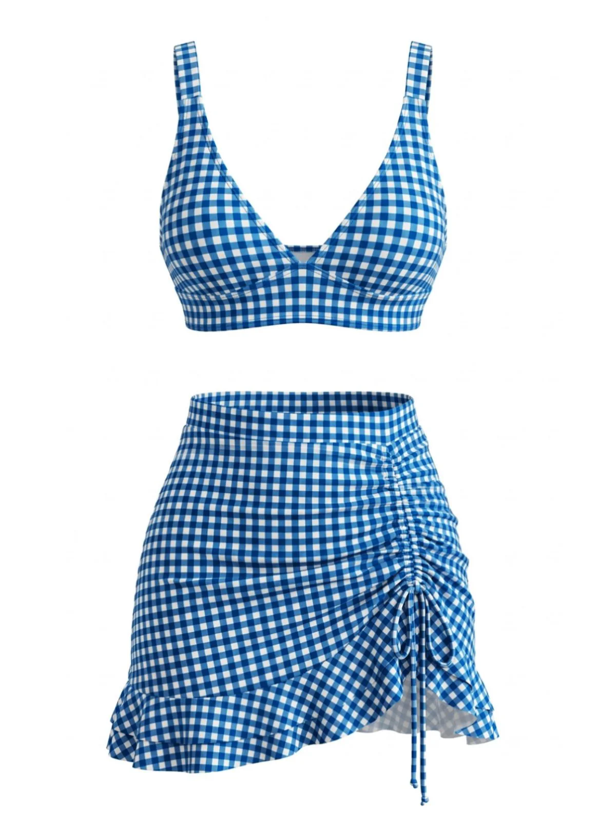 3PCS 1950er Rüschen Saum Kariert Kordelzug Tankini Set - Image 9