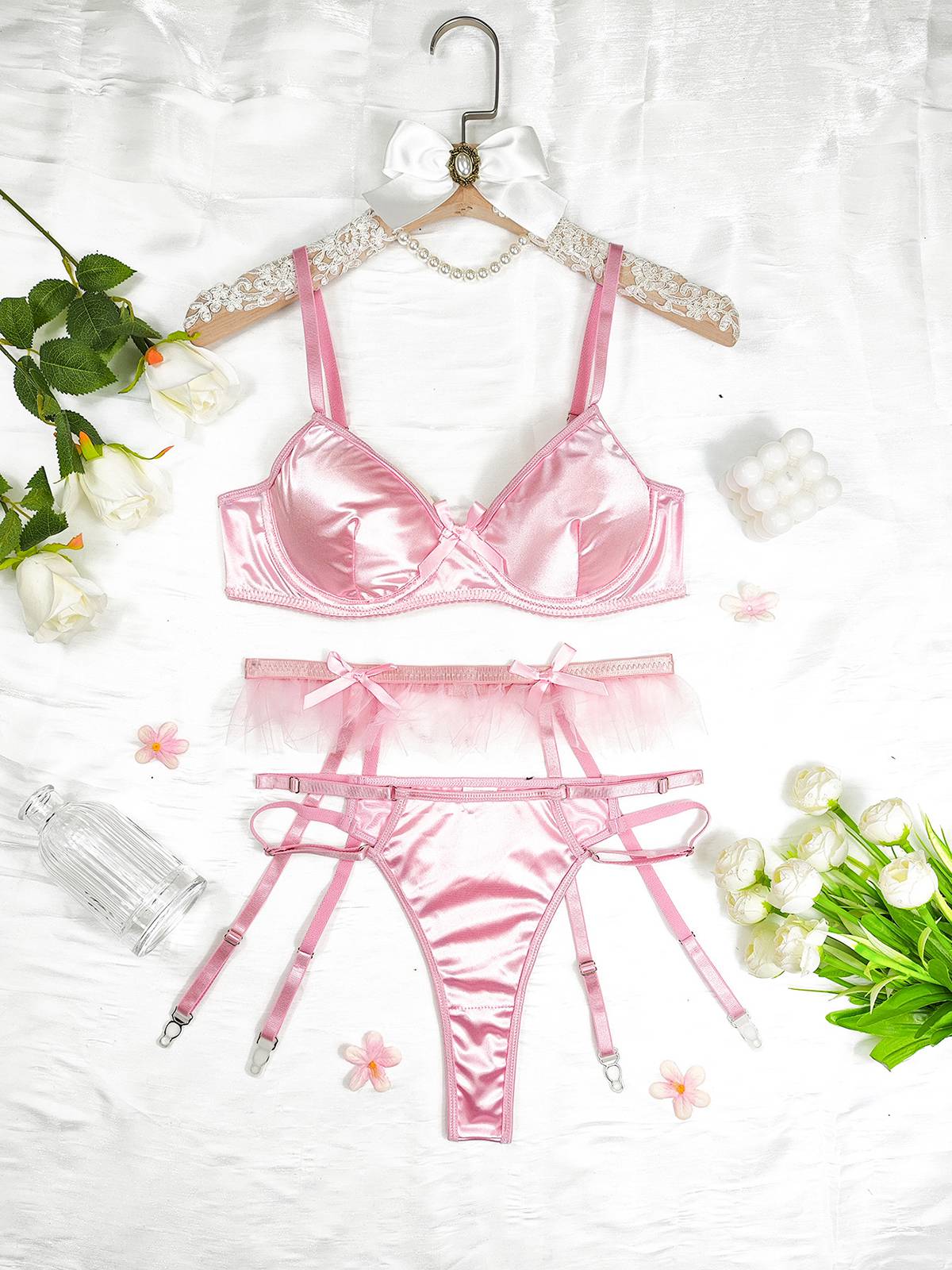 3PCS 1950er Satin Strumpfhalter Dessous-Sets - Image 2