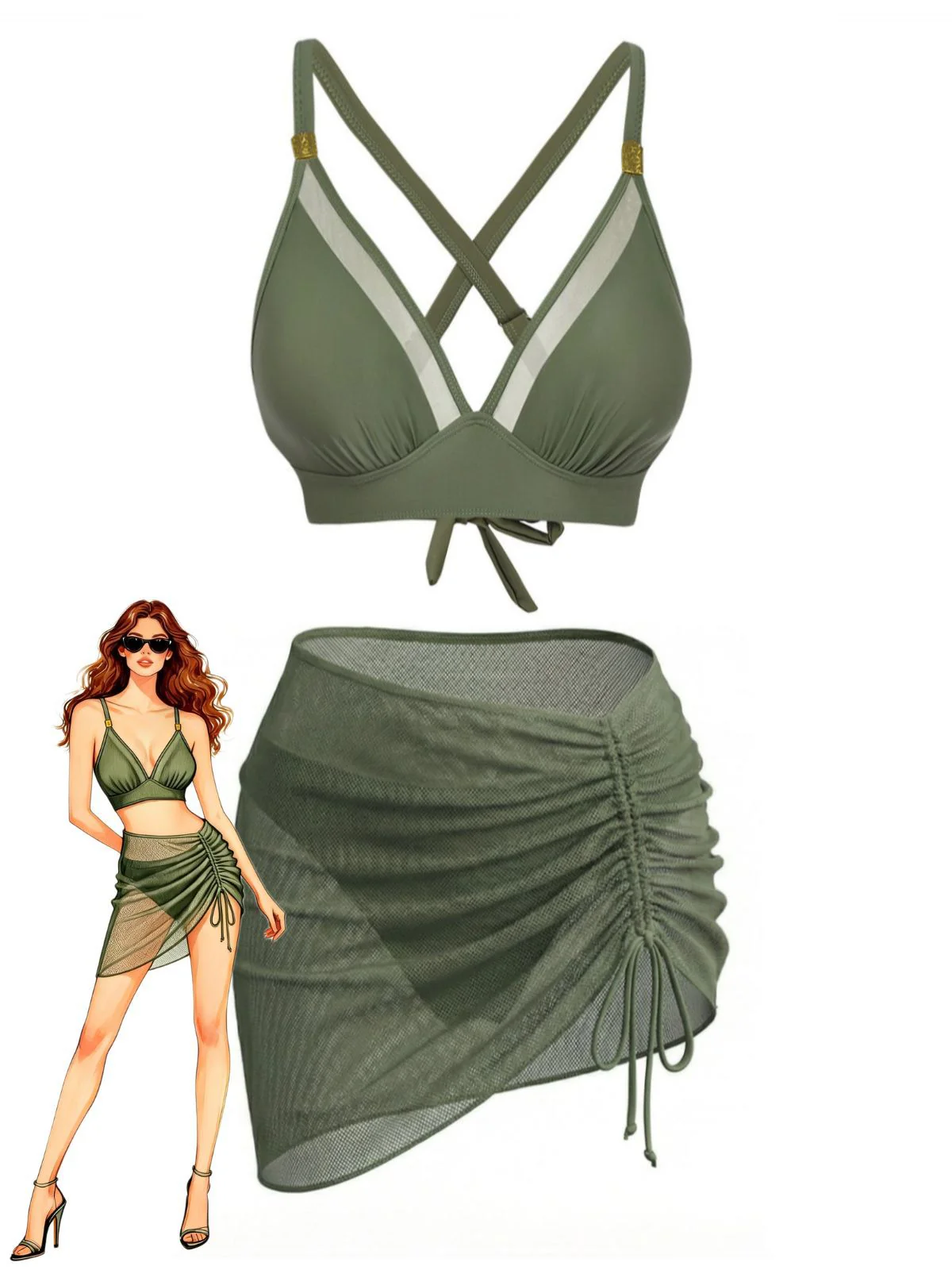 3PCS 1950er Uni Metall Knopf Bikini Set