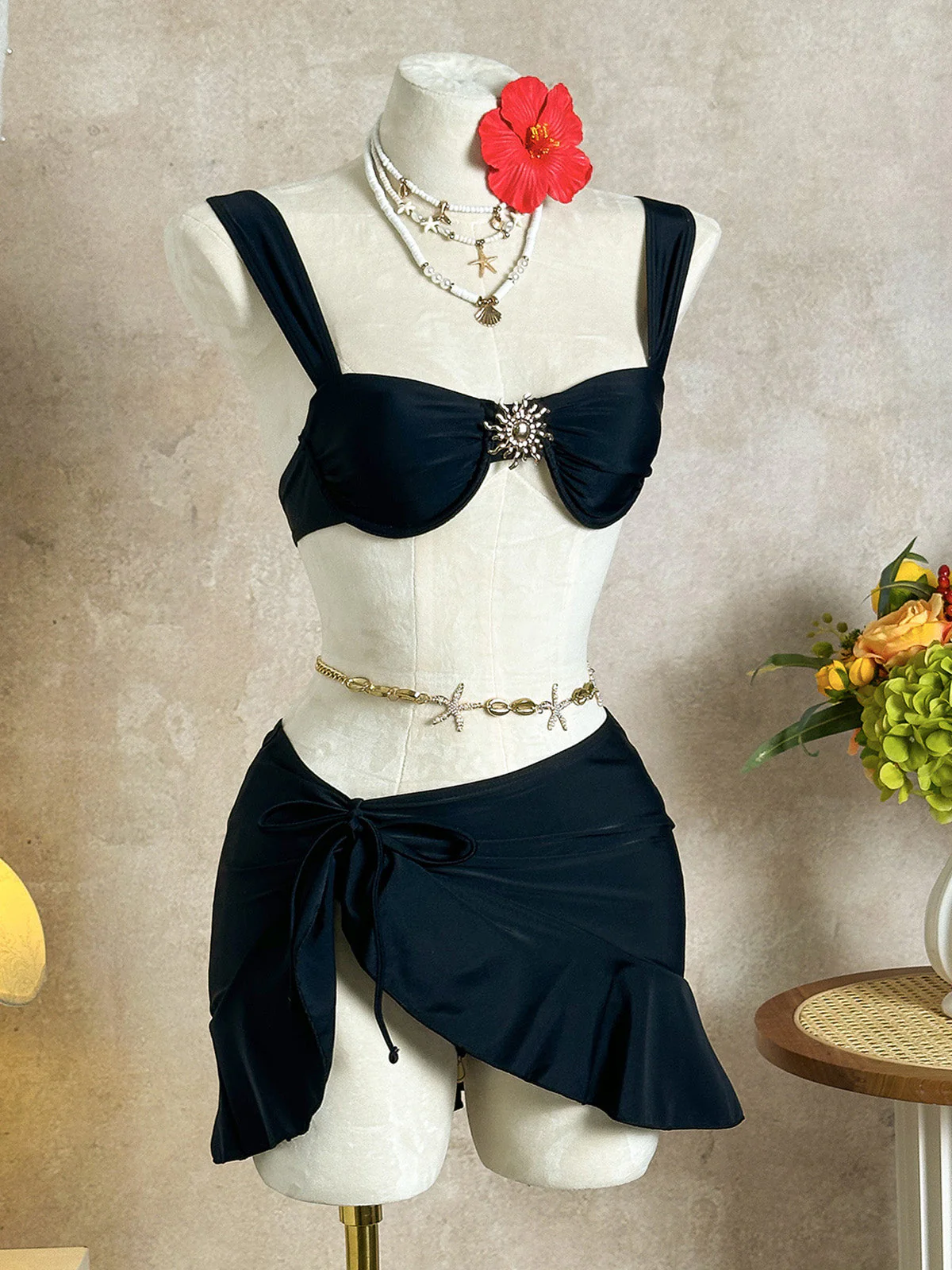 3PCS 1950er Uni Metall Sonne Kette Akzent Bikini Set & Cover-Up - Image 10