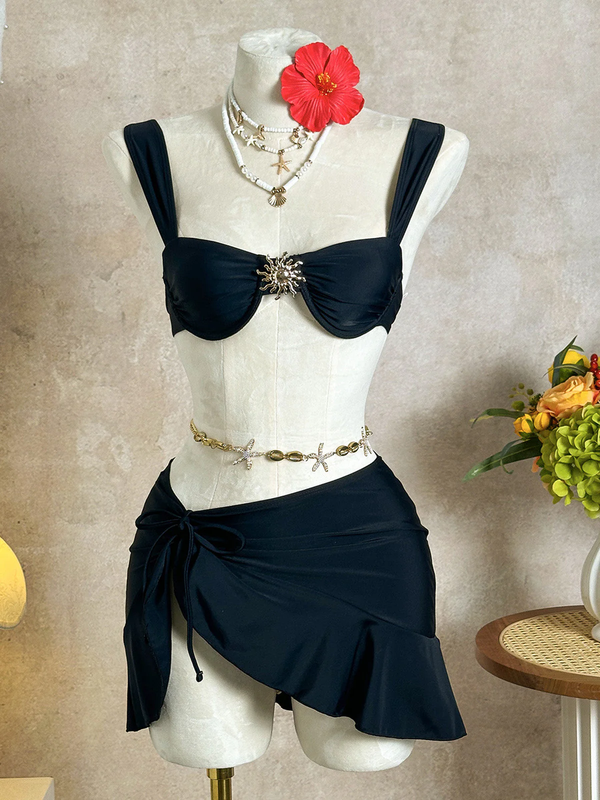 3PCS 1950er Uni Metall Sonne Kette Akzent Bikini Set & Cover-Up - Image 9