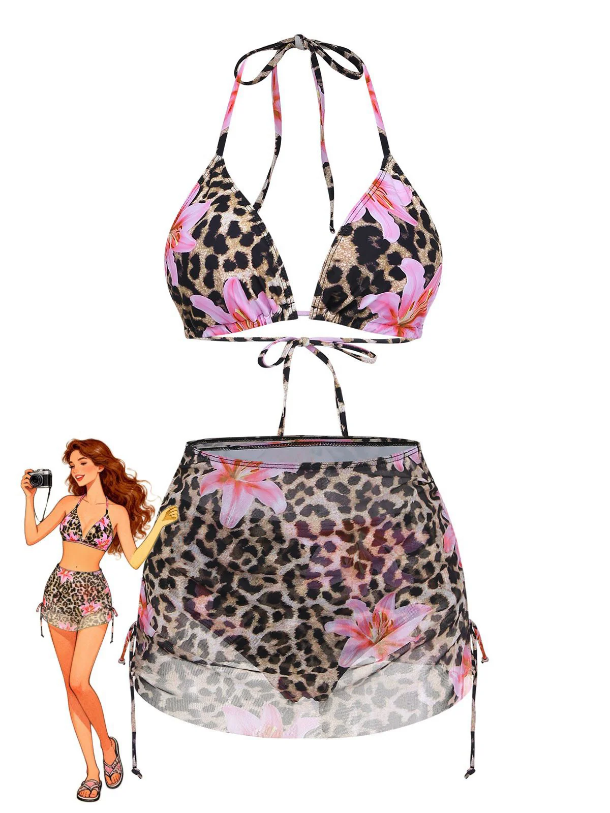 3PCS 1960er Leopard Druck Blumen Bikini Set & Cover Up