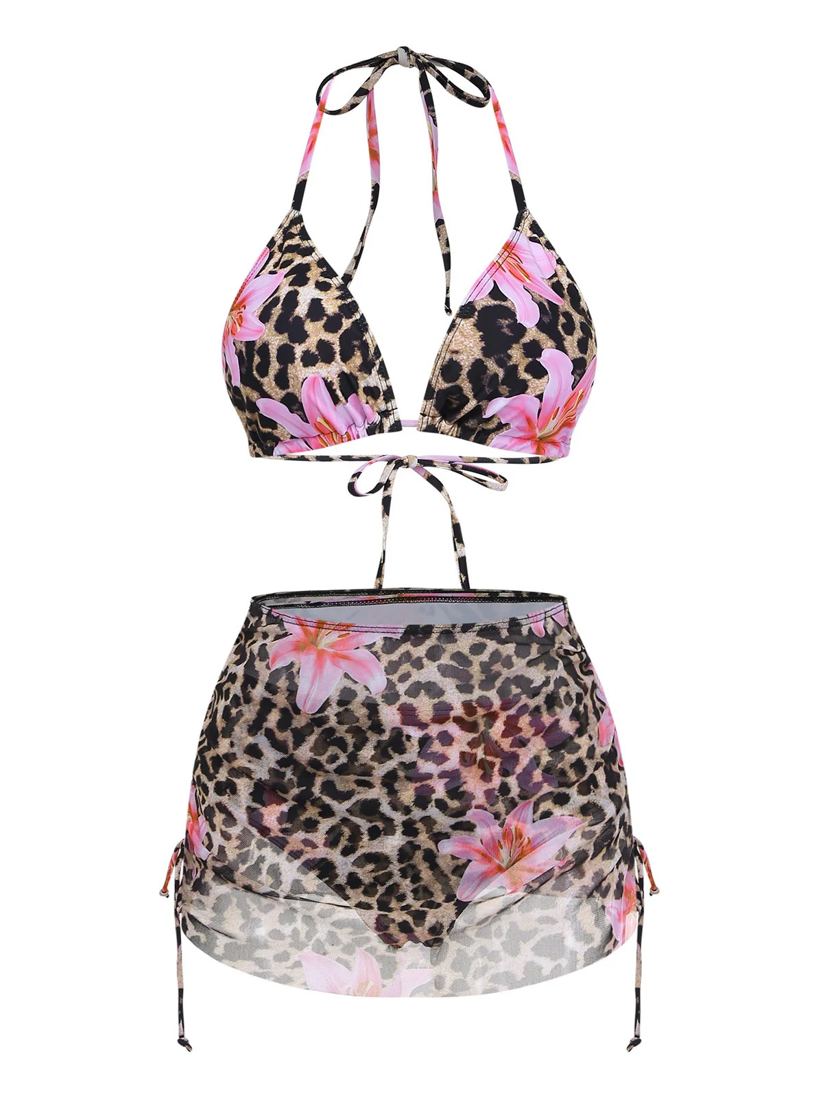 3PCS 1960er Leopard Druck Blumen Bikini Set & Cover Up - Image 2