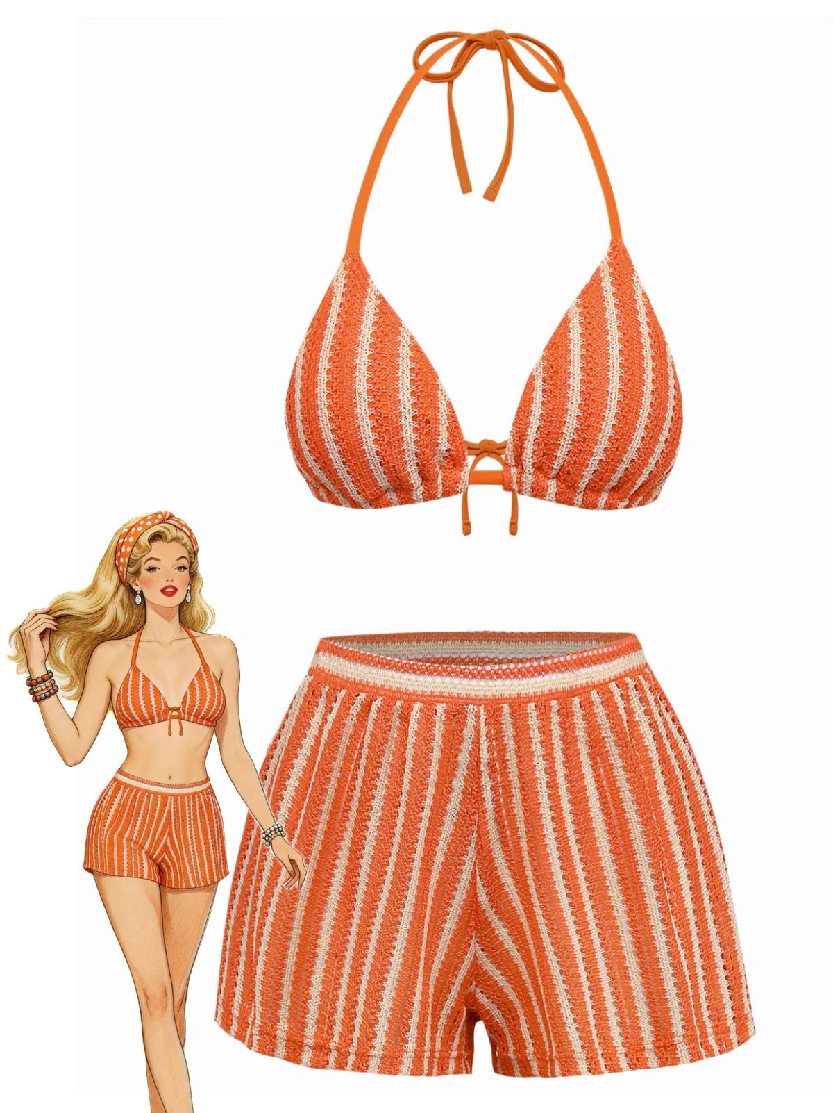 3PCS 1970er Streifen Stricken Boho Bikini Set & Cover-Up