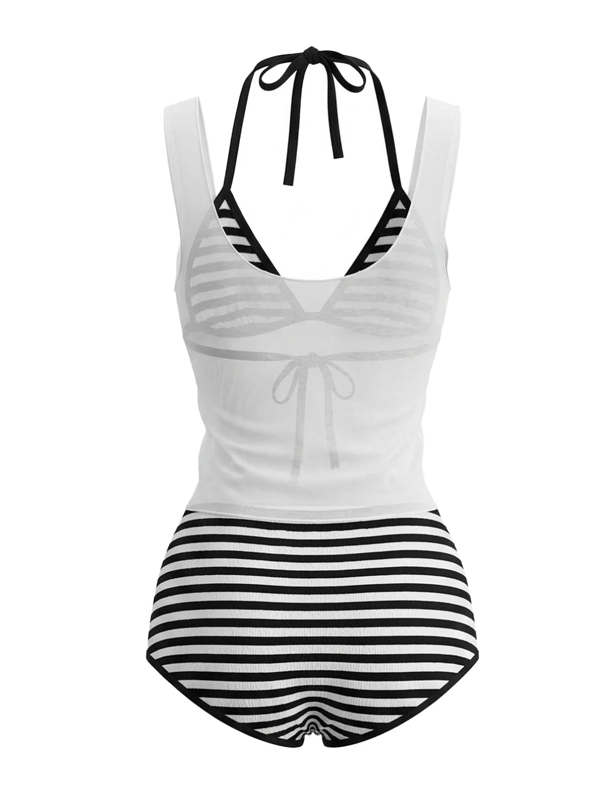 [Vorverkauf] 3PCS 1980er Streifen Bikini Set & Durchsichtig Cover-Up Tank - Image 3