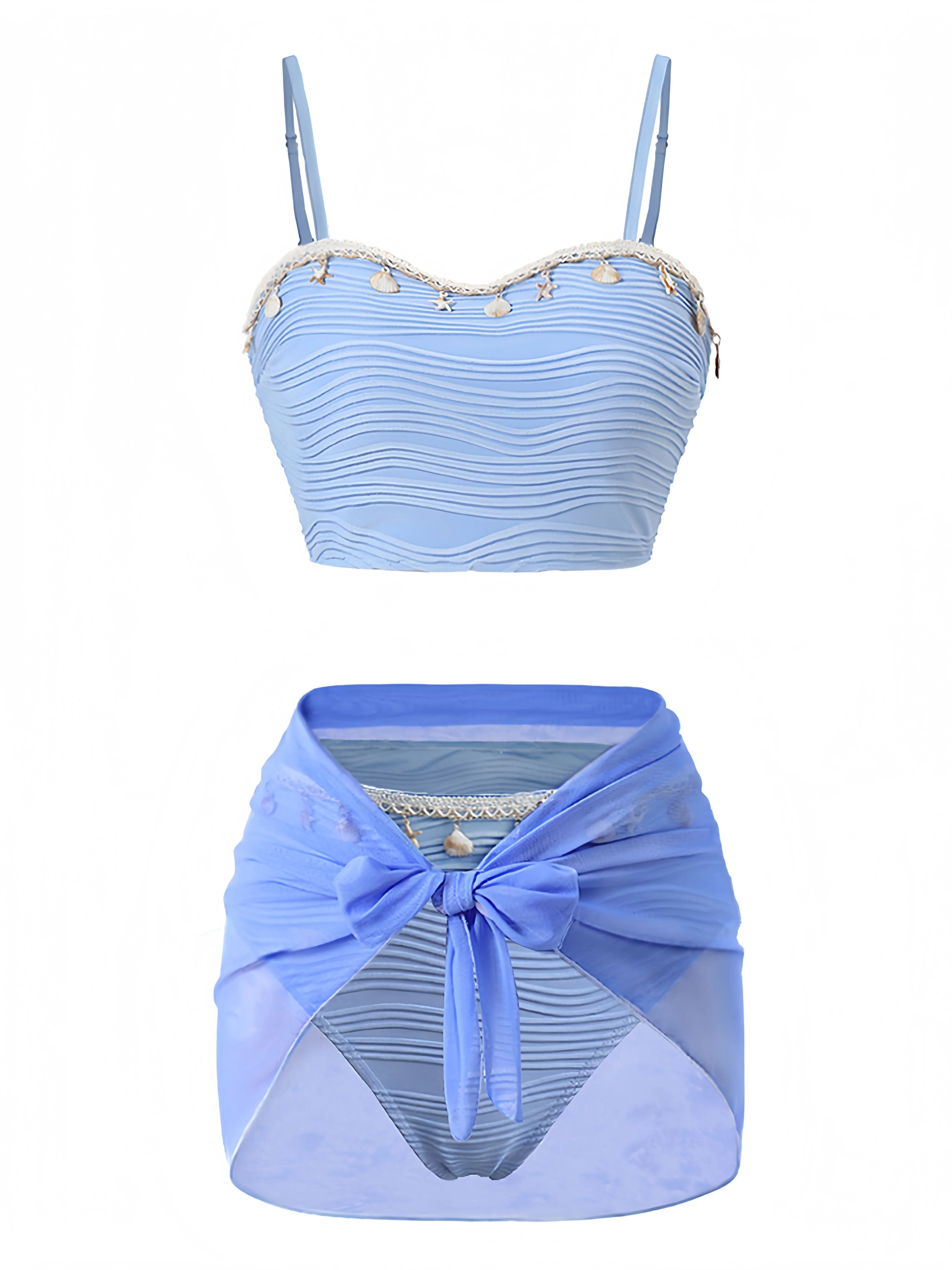 3PCS Blau 1940er Muschel Spezialgewebe Bikini Set - Image 2