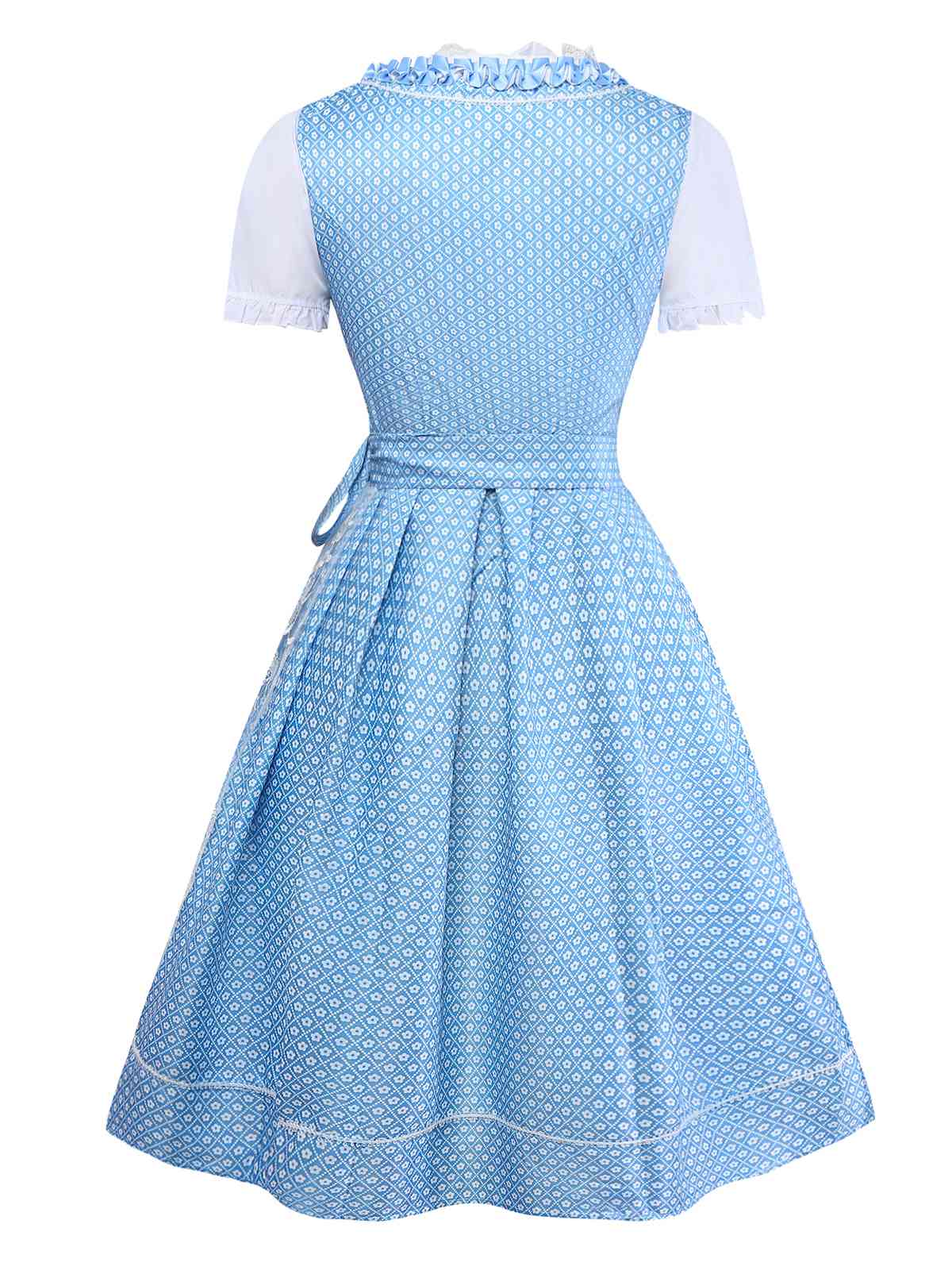 3PCS Blau 1950er Oktoberfest Dirndl Blumen Kleid & Stickerei Rose Schürze - Image 2