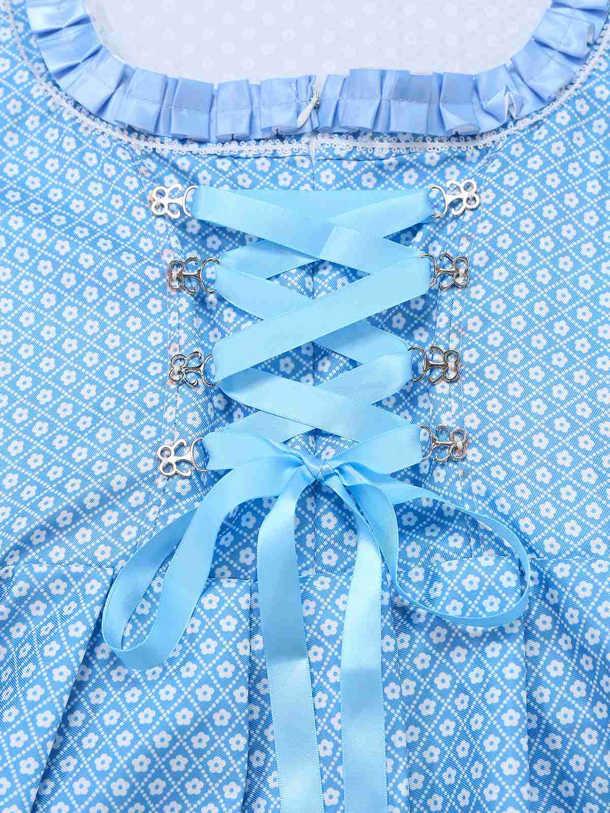 3PCS Blau 1950er Oktoberfest Dirndl Blumen Kleid & Stickerei Rose Schürze - Image 3