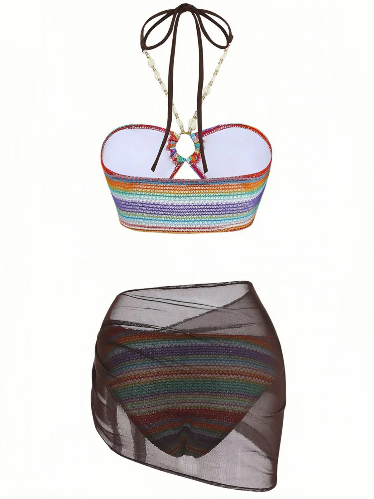 3PCS Bunt 1970er Halter Regenbogen Streifen Muschel-Träger Bikini Set - Image 3