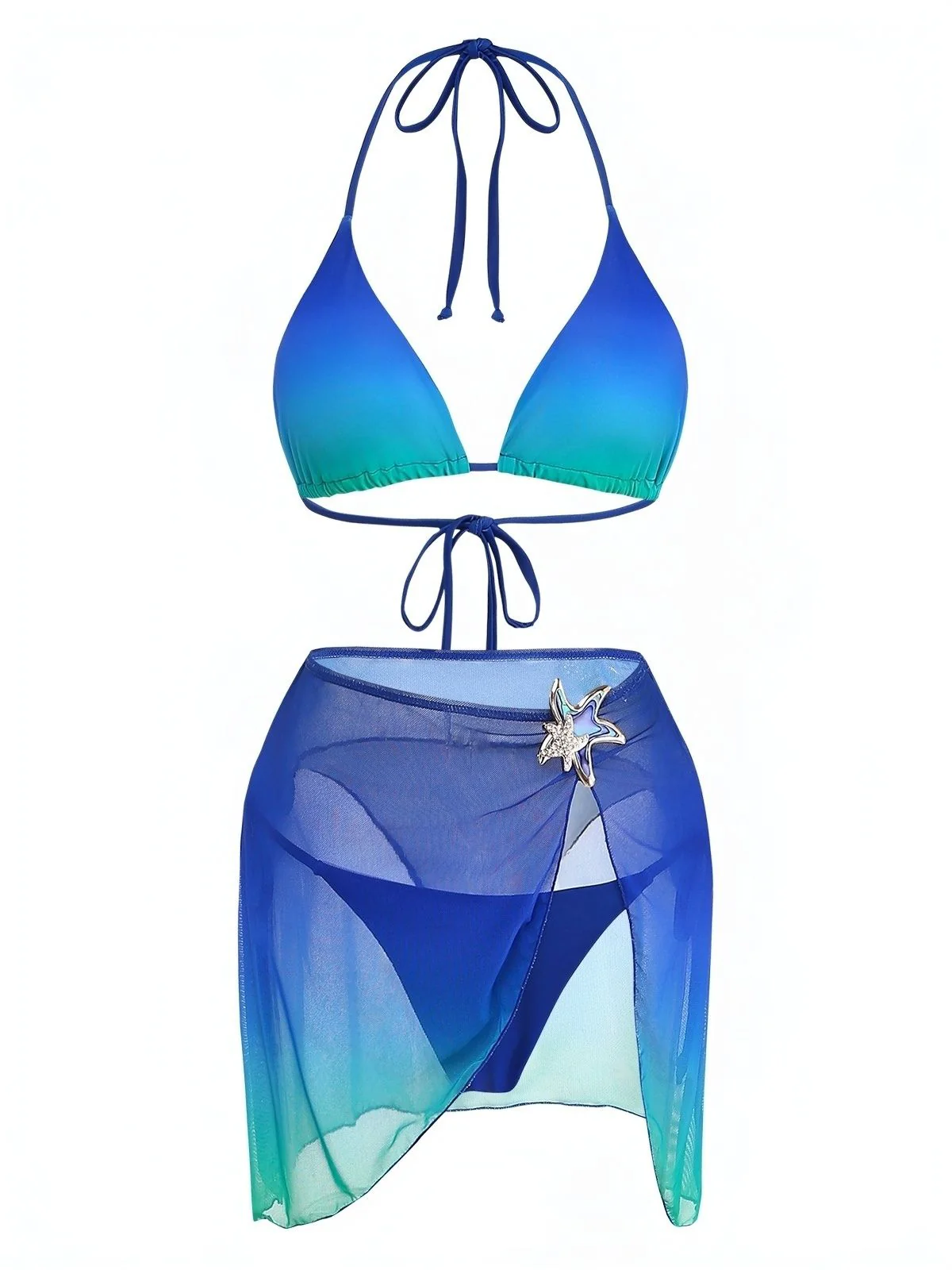 3PCS Dunkelblau 2000er Farbverlauf Triangel Bikini Set & Cover-Up - Image 2