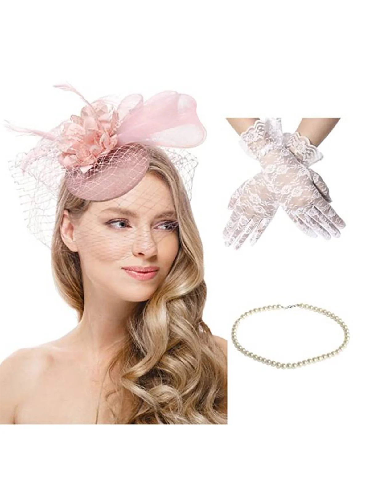 3PCS Feder Hut & Halskette & Spitze Handschuhe - Image 2