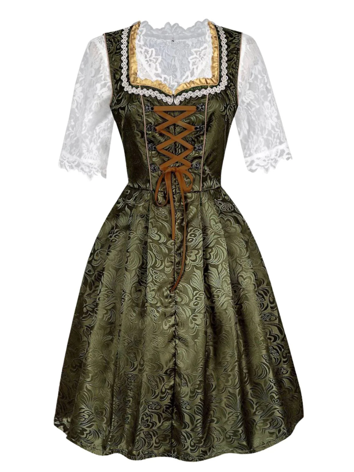 3PCS Grün 1950er Oktoberfest Dirndl Spitze Top & Jacquard Schleife Kleid - Image 2