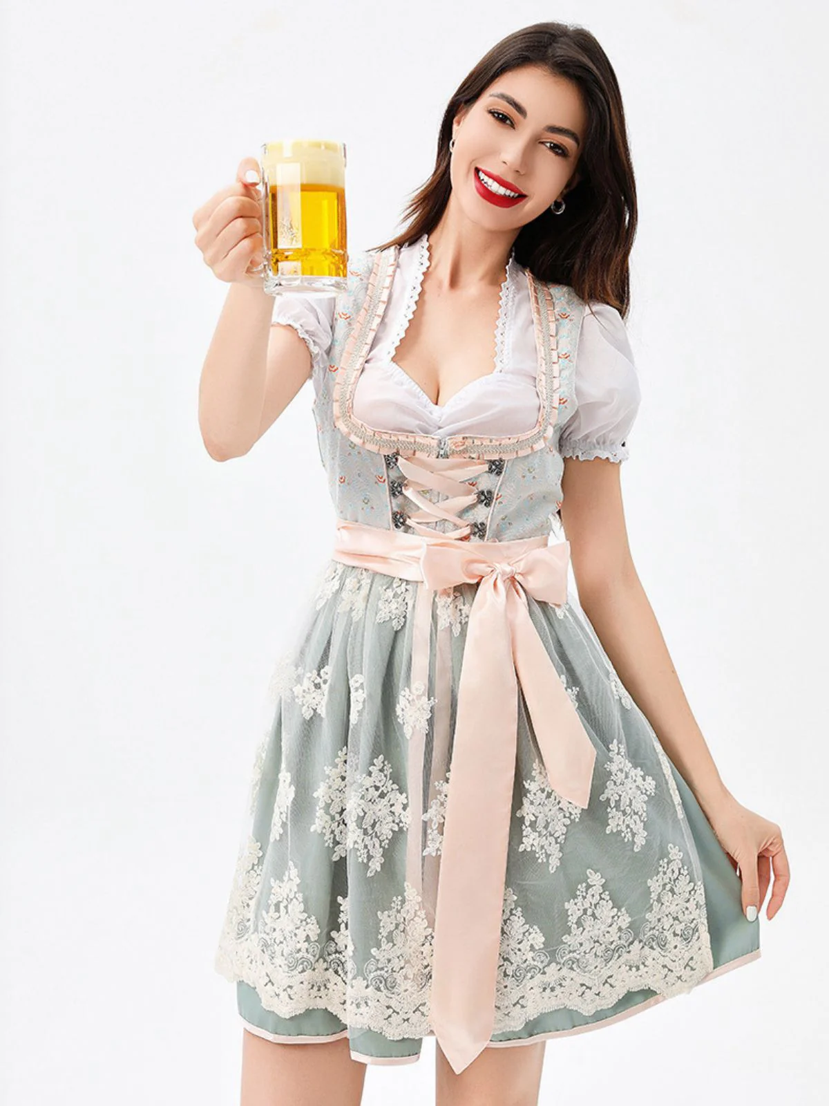 3PCS Grün 1950er Oktoberfest Top & Quadratischer Hals Blumen Kleid - Image 11