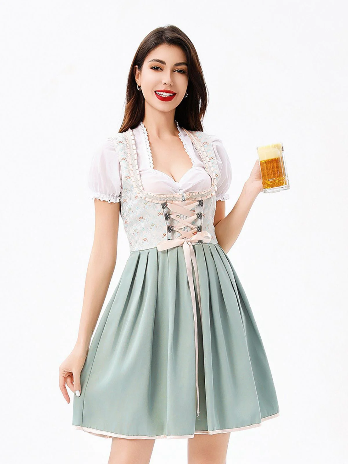 3PCS Grün 1950er Oktoberfest Top & Quadratischer Hals Blumen Kleid - Image 3