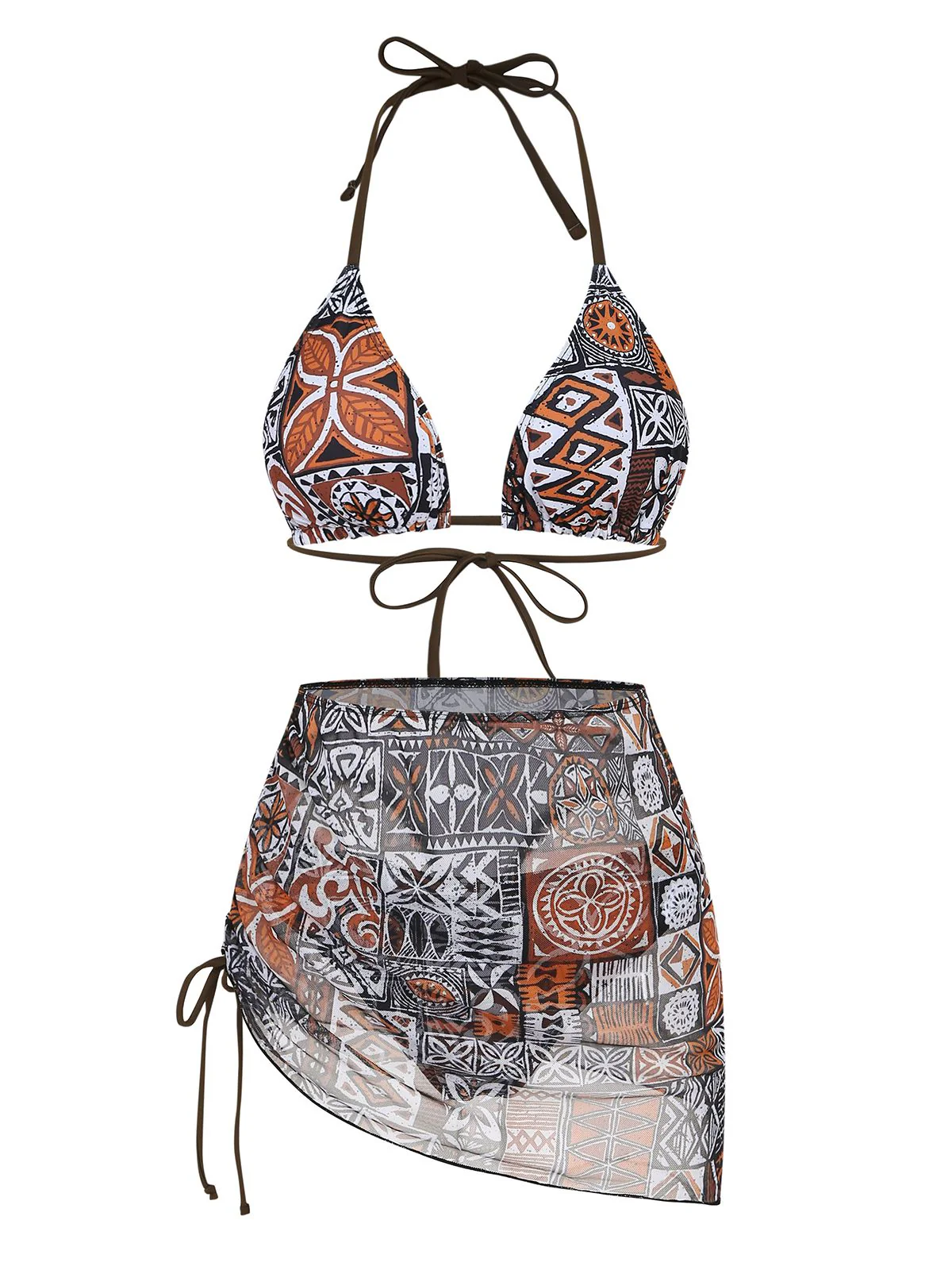 3PCS Kaffee 1970er Ethno Muster Bikini Set & Cover-Up - Image 2