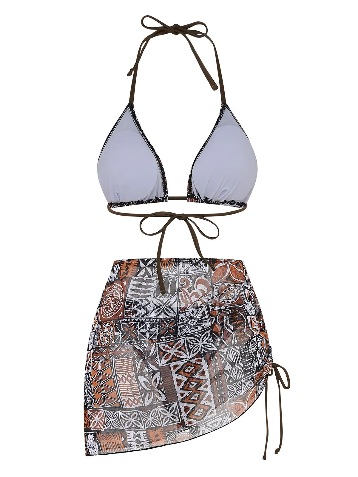 3PCS Kaffee 1970er Ethno Muster Bikini Set & Cover-Up - Image 3