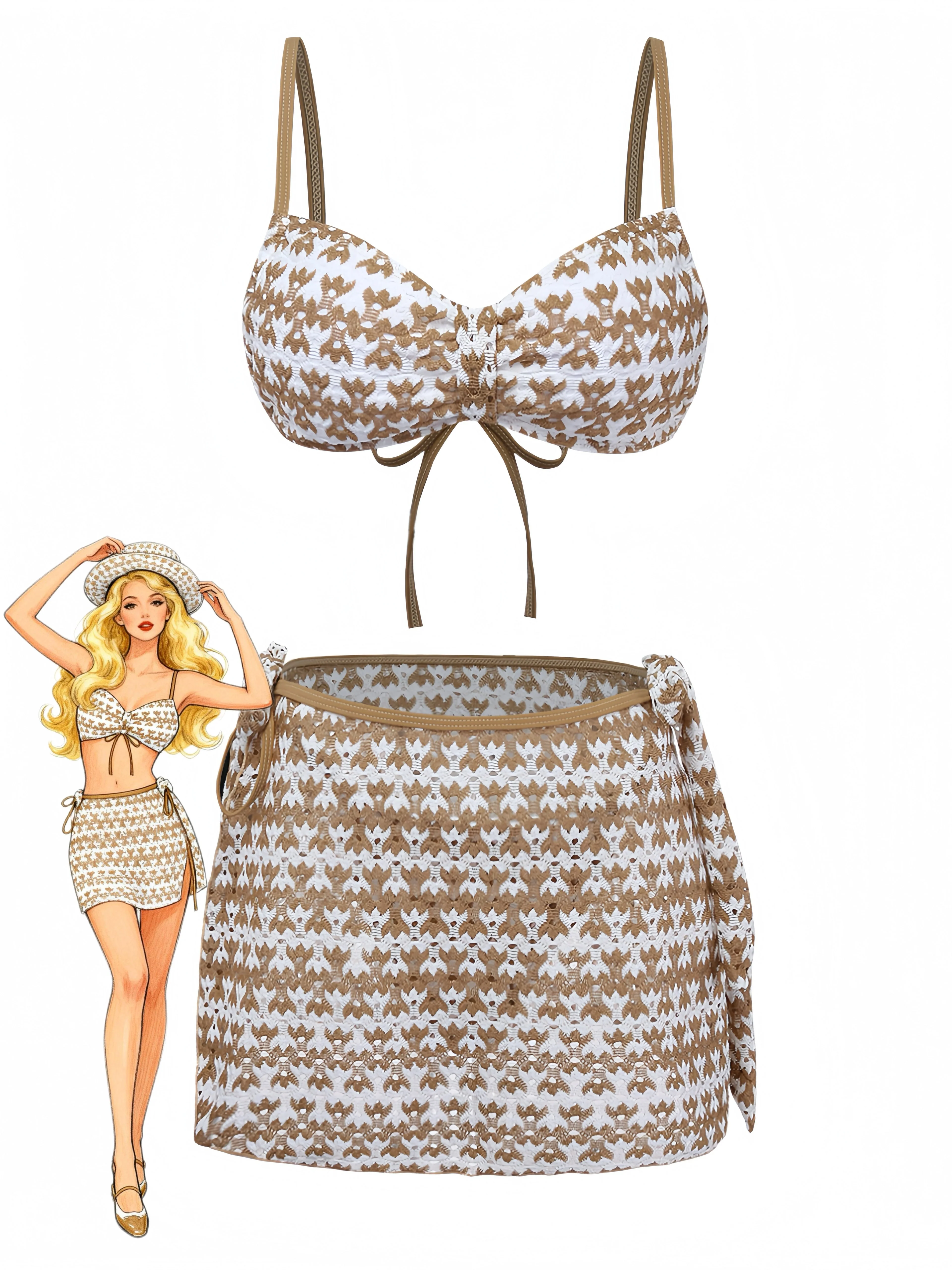 3PCS Khaki 1950er Häkel Lochmuster Bikini Set & Cover Up