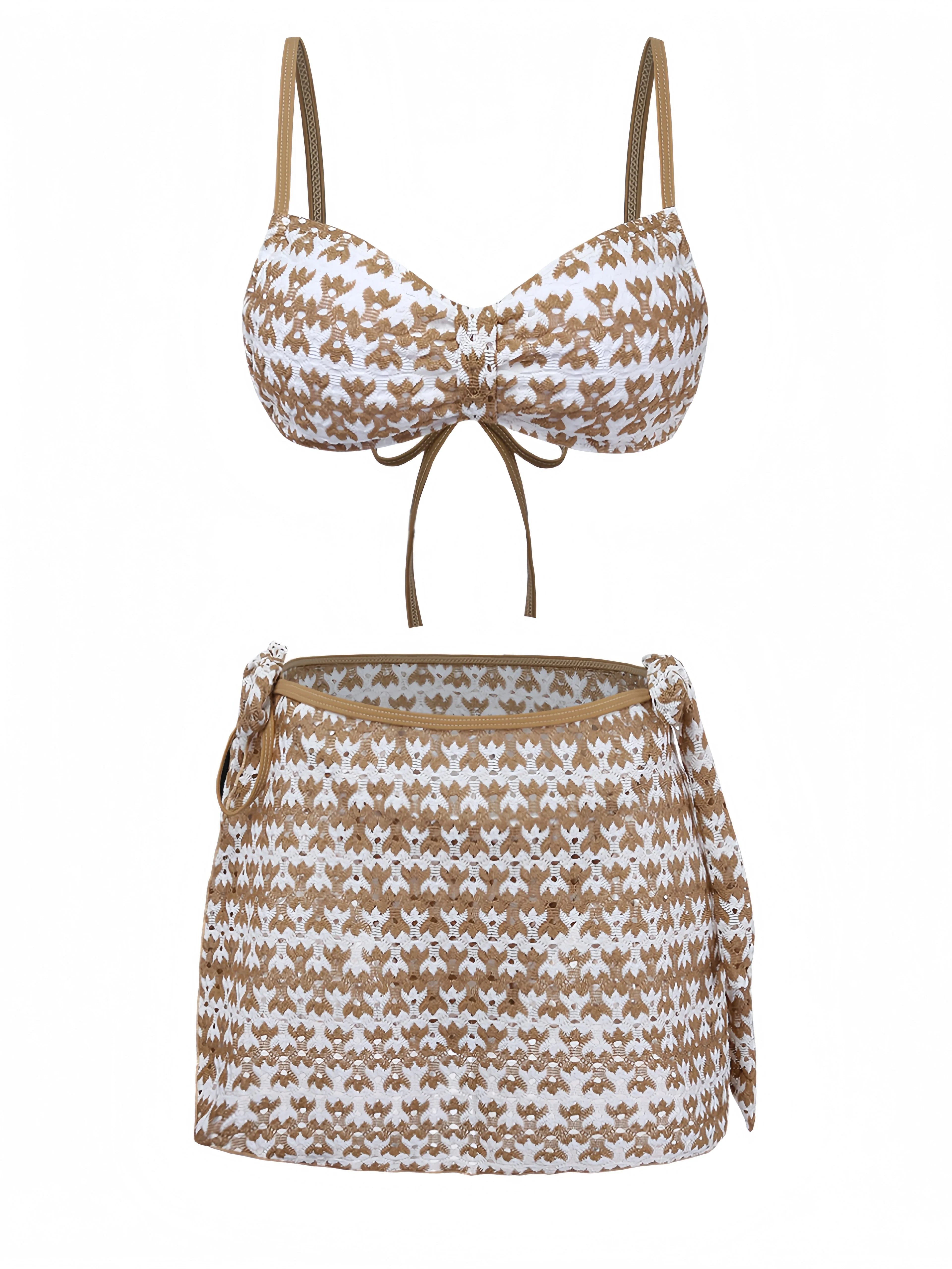 3PCS Khaki 1950er Häkel Lochmuster Bikini Set & Cover Up - Image 2
