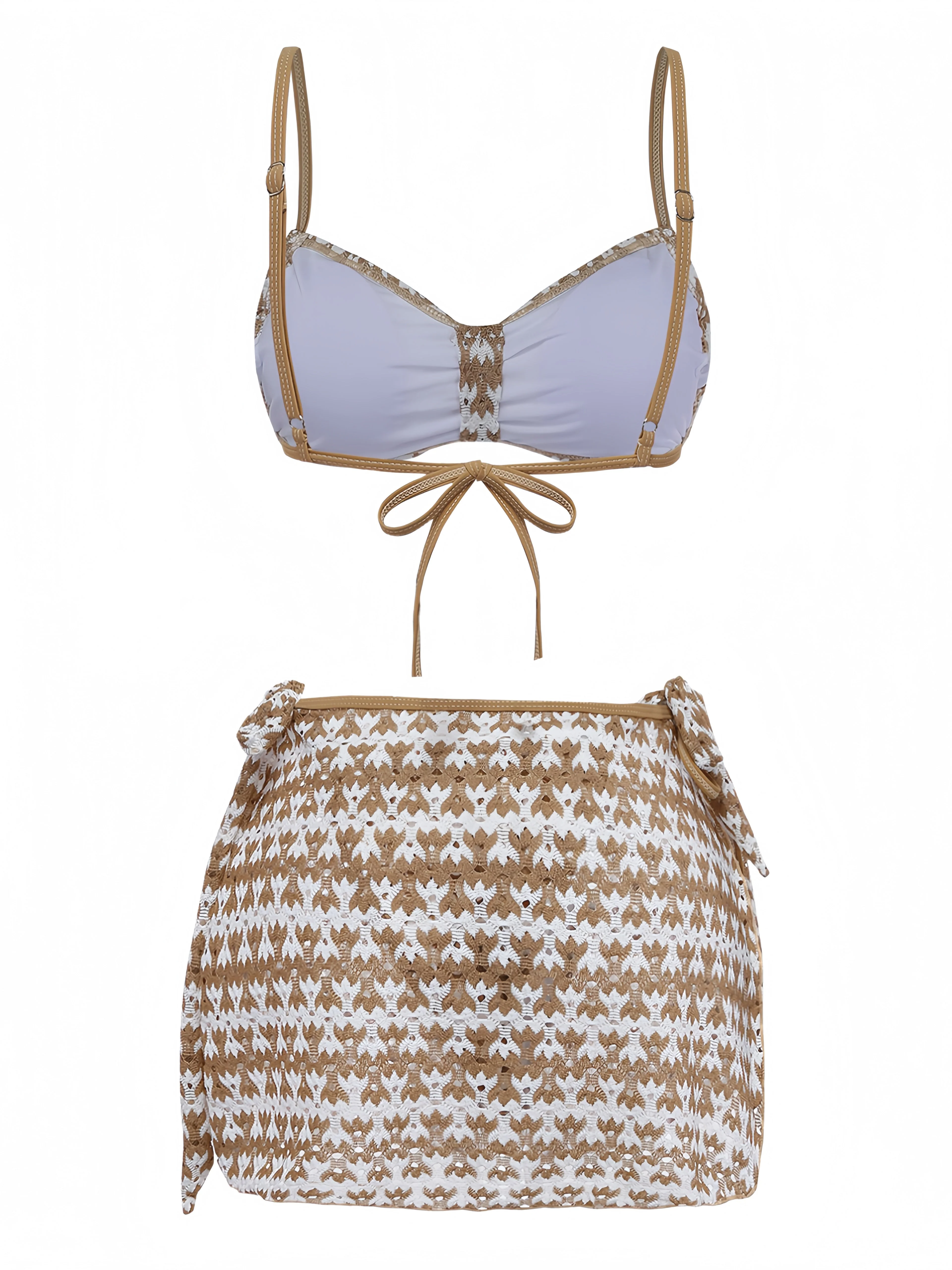 3PCS Khaki 1950er Häkel Lochmuster Bikini Set & Cover Up - Image 3