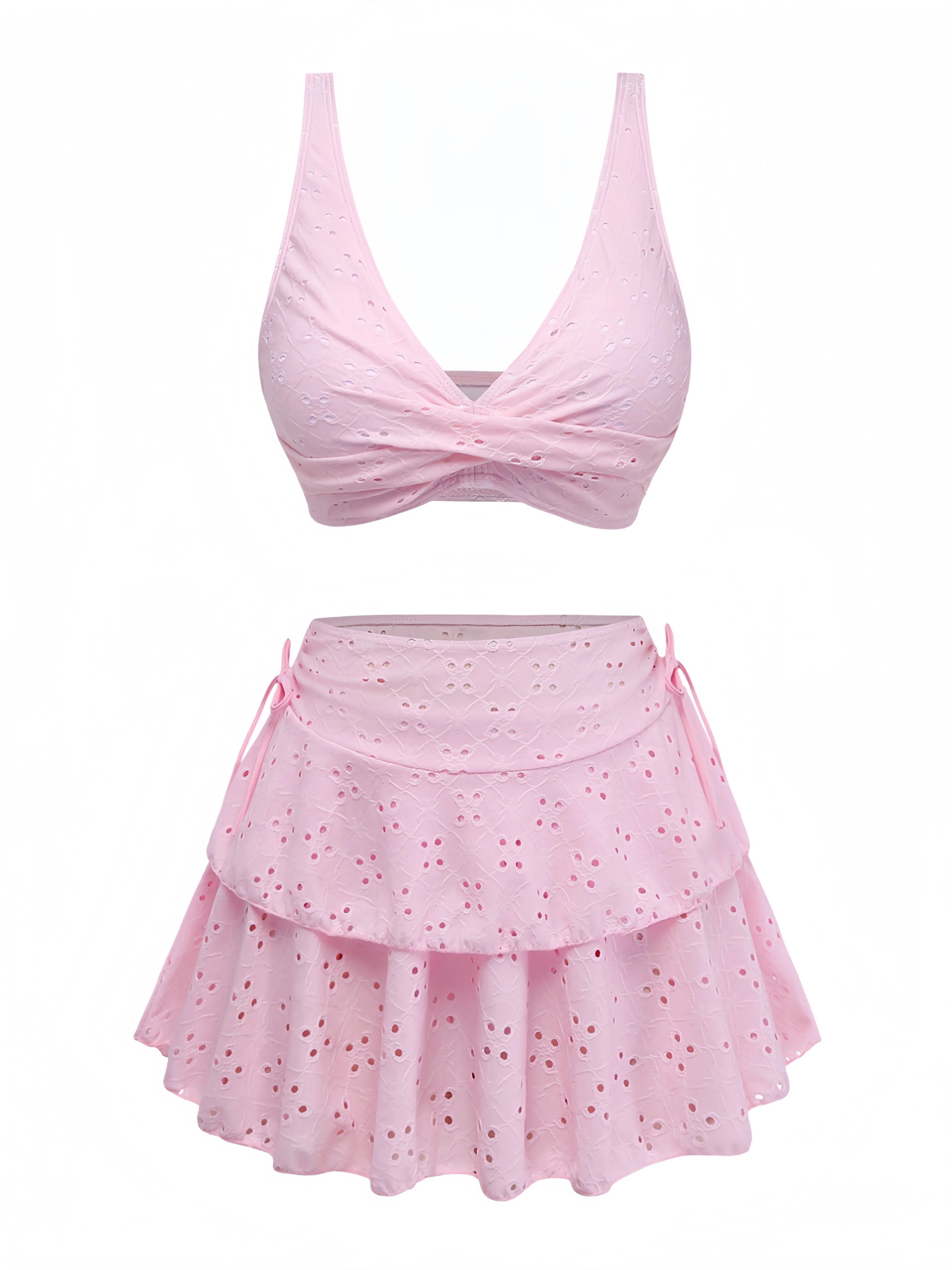 3PCS Rosa 1940er Lochstickerei Bikini Set & Rüschen Rock - Image 2