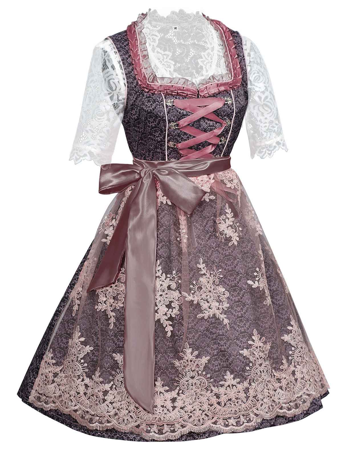 3PCS Rosa 1950er Oktoberfest Dirndl Spitze Top & Stickerei Schleife Kleid - Image 2