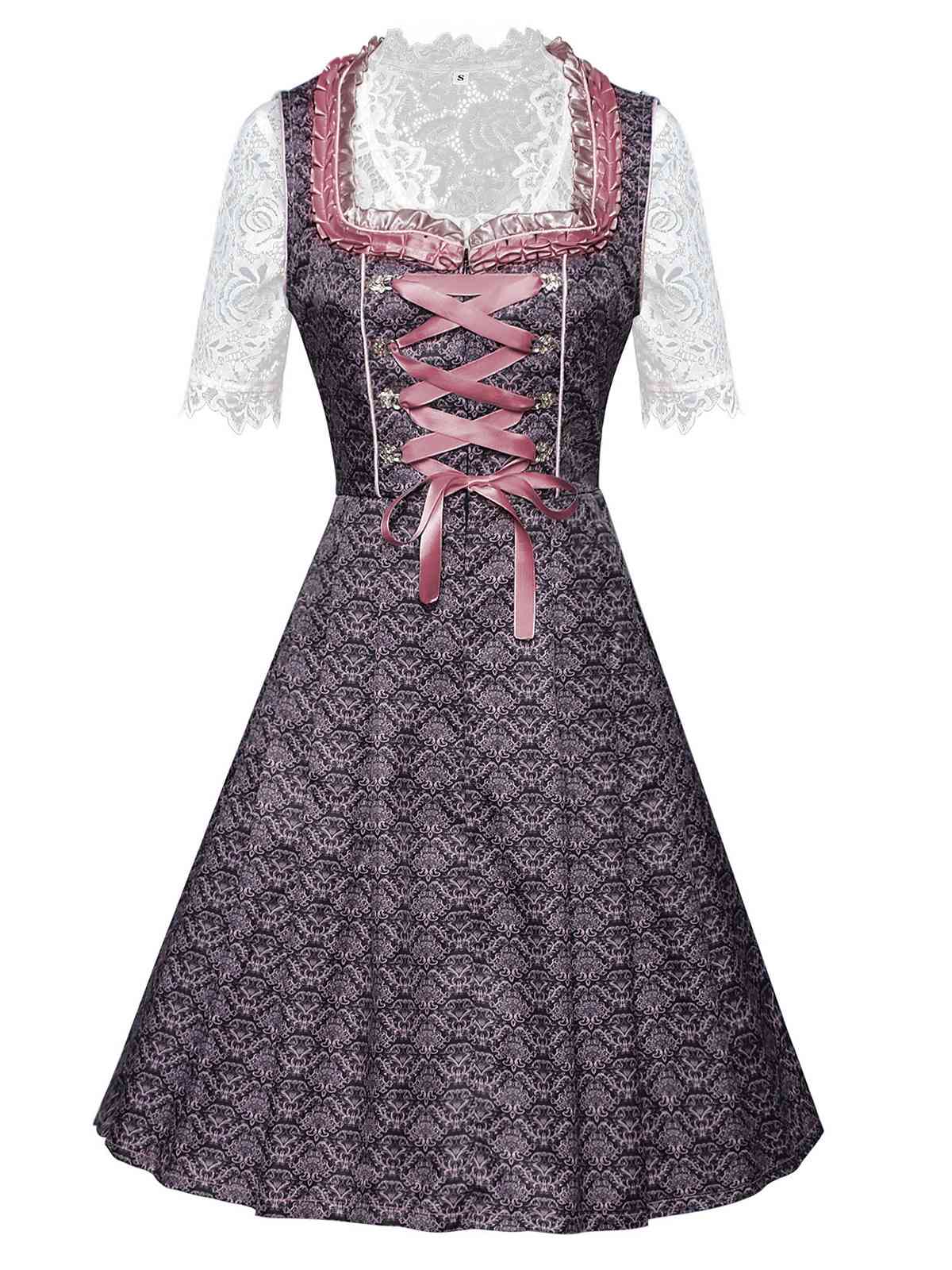 3PCS Rosa 1950er Oktoberfest Dirndl Spitze Top & Stickerei Schleife Kleid - Image 4