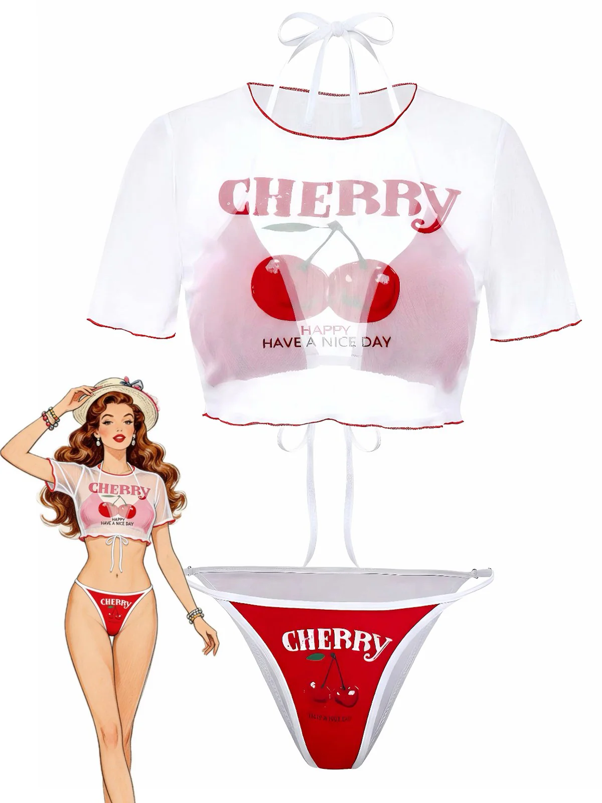 3PCS Rot 1950er Kirsche Druck Schnür Bikini Set