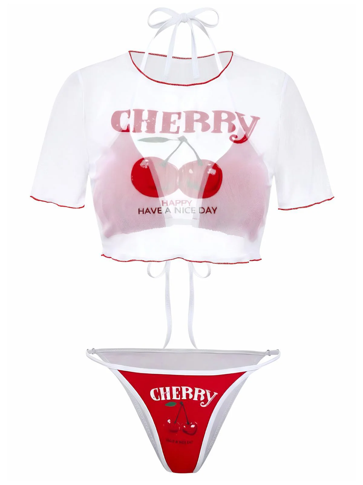 3PCS Rot 1950er Kirsche Druck Schnür Bikini Set - Image 2