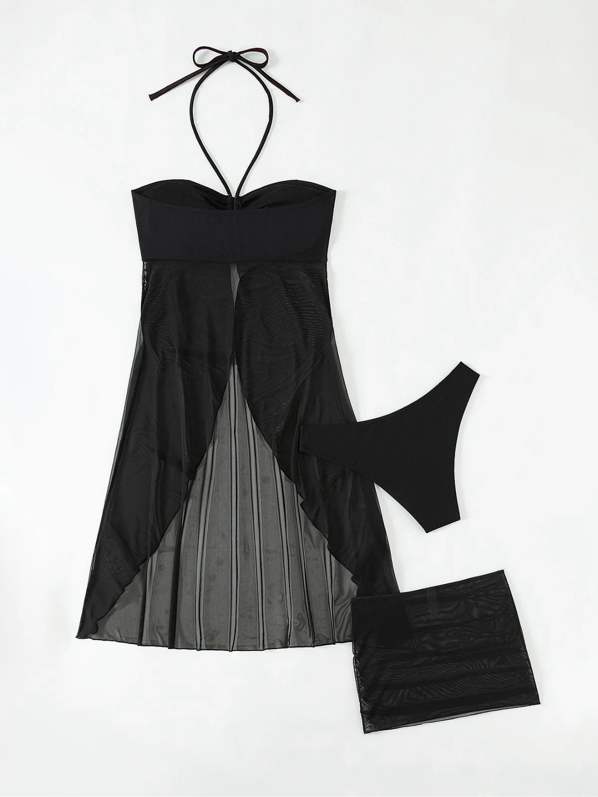 3PCS Schwarz 1950er Solide Halfter Tankini Set & Cover-Up