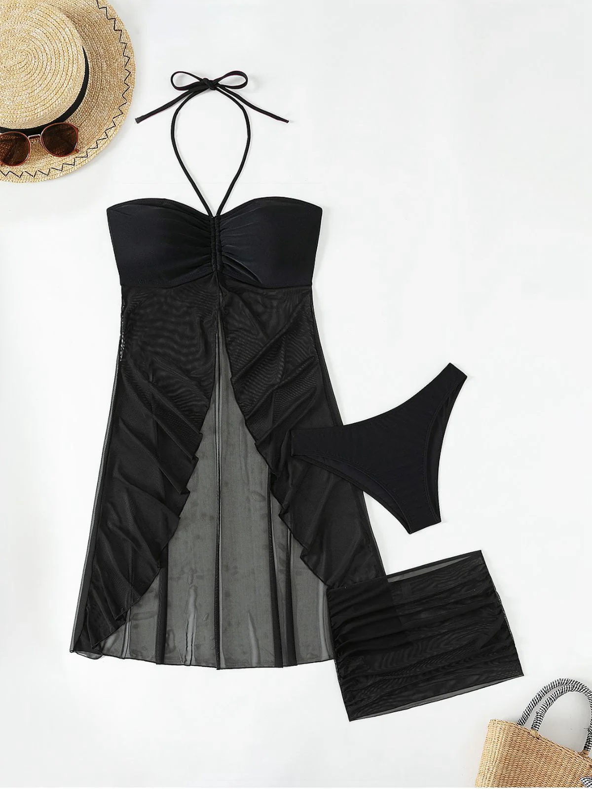 3PCS Schwarz 1950er Solide Halfter Tankini Set & Cover-Up - Image 3