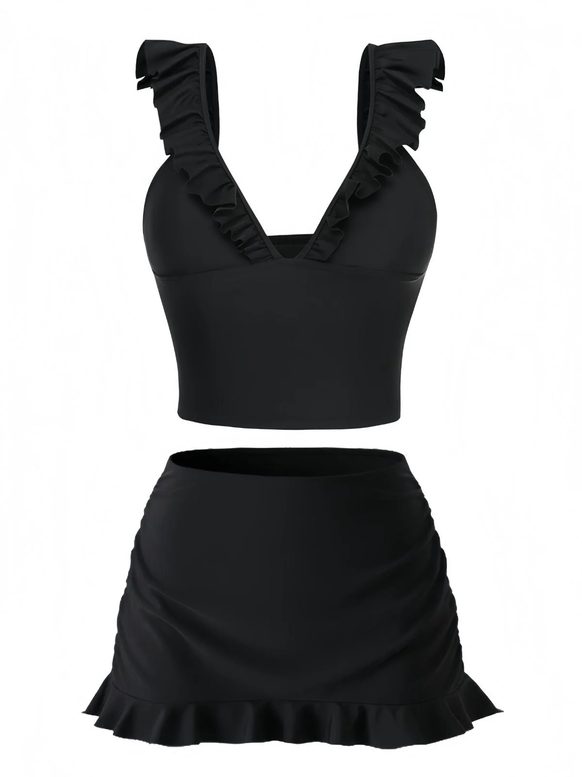 3PCS Schwarz 1950er V-Ausschnitt Rüschen Bikini Rock - Image 2