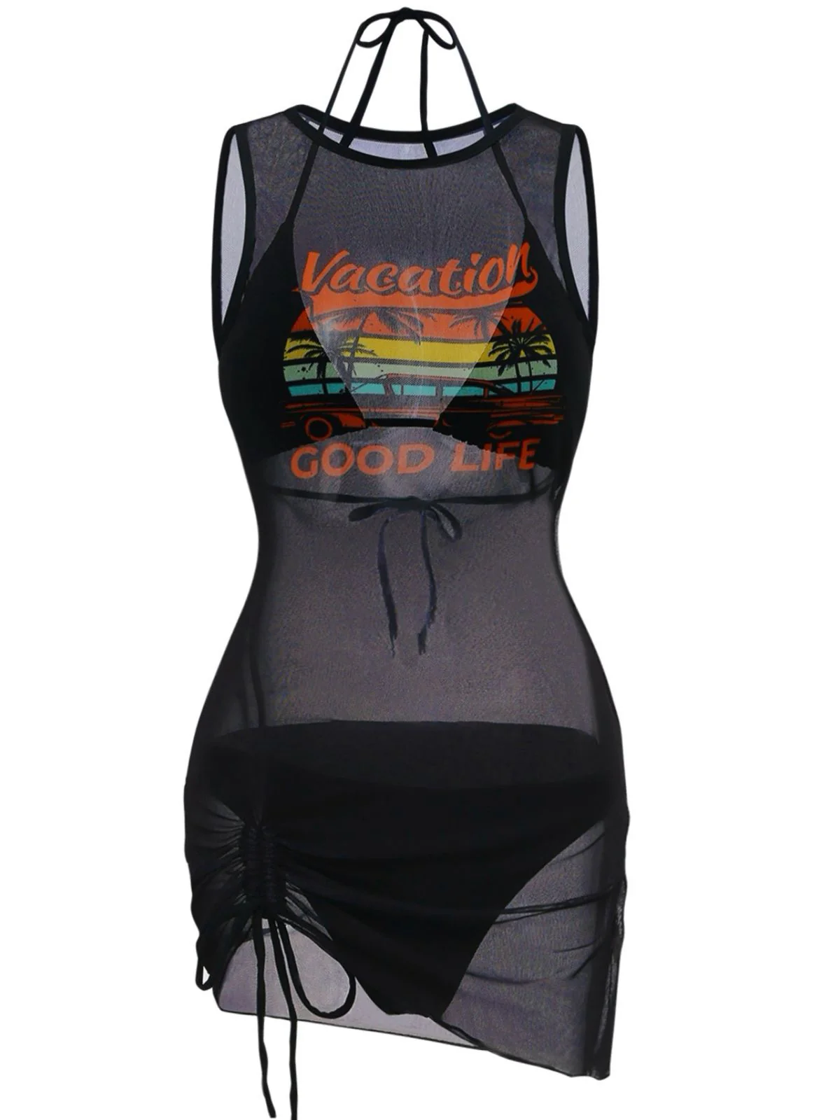 3PCS Schwarz 1960er Urlaubs Print Netz Halter Bikini Set & Cover-Up - Image 2