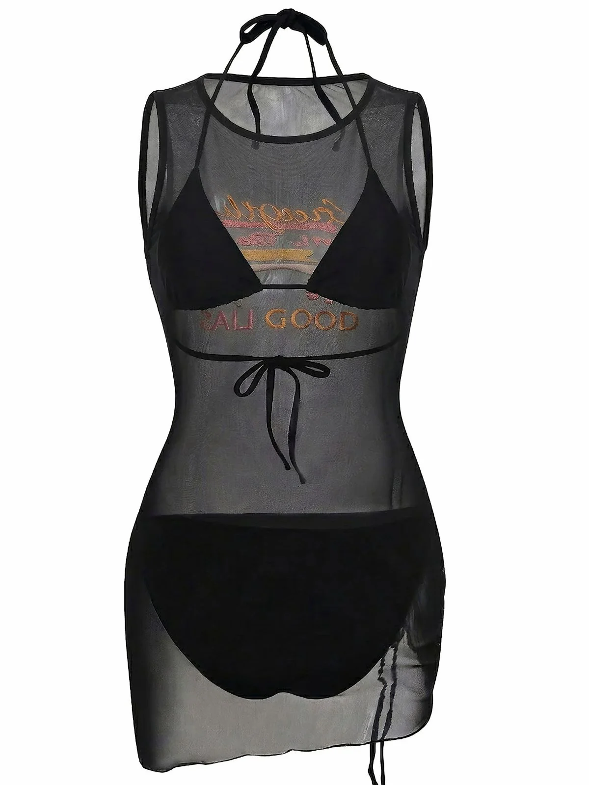 3PCS Schwarz 1960er Urlaubs Print Netz Halter Bikini Set & Cover-Up - Image 3