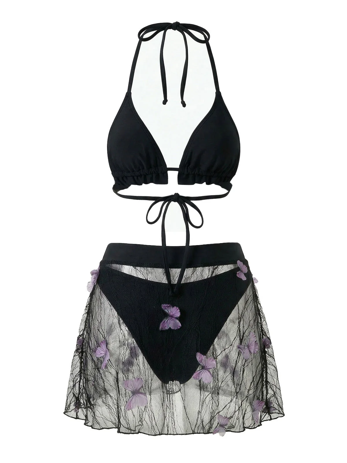 3PCS Schwarz 1980er Schmetterling Netz Bikini Set & Cover-Up - Image 3