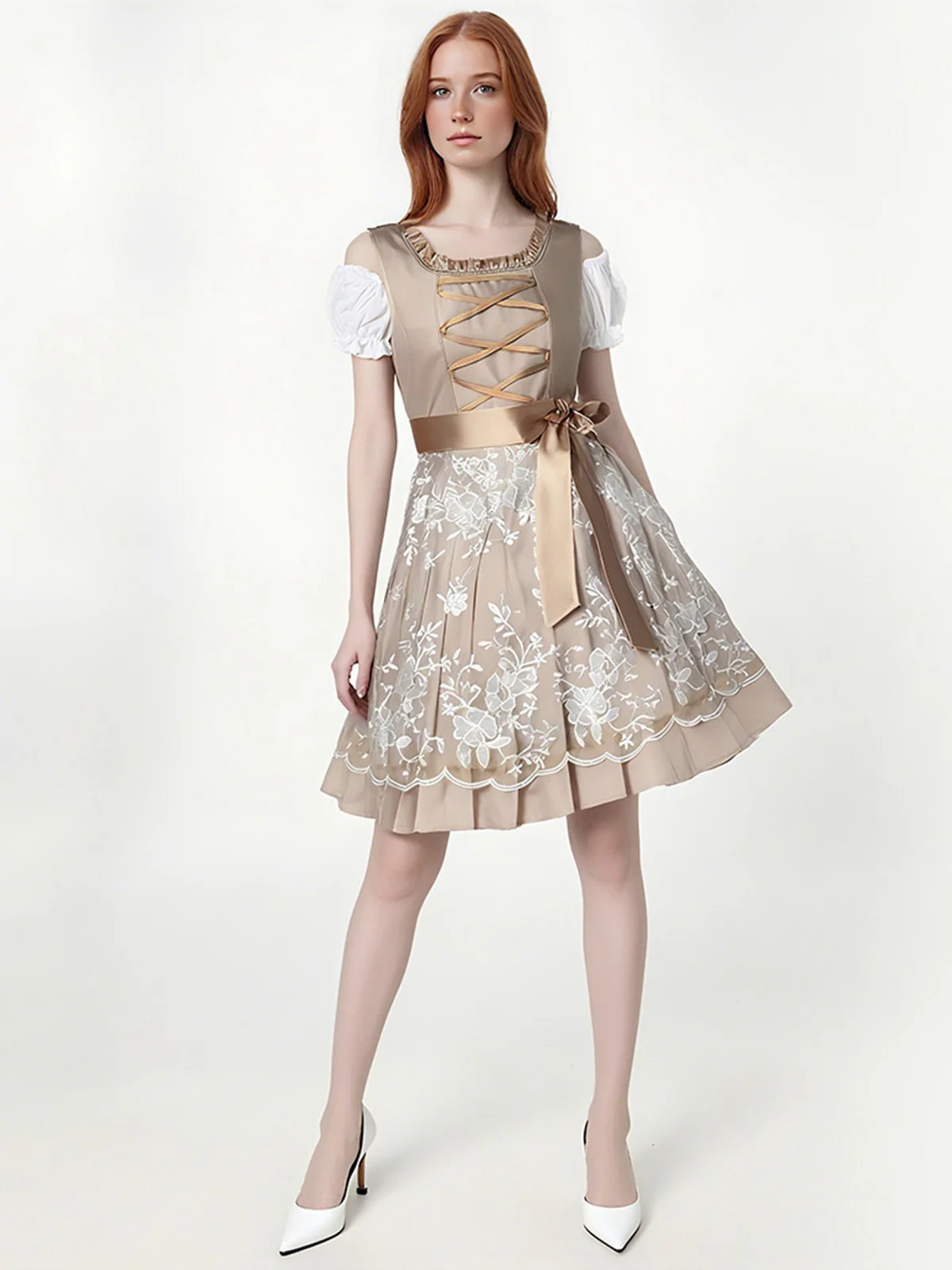 3PCS Sekt 1950er Oktoberfest Dirndl Puffärmel Top & Blumen Bogen Kleid - Image 2