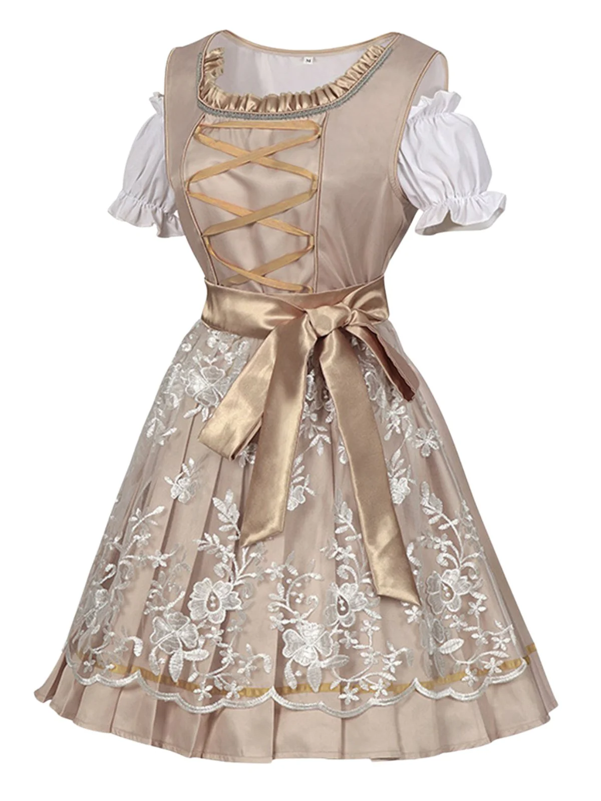 3PCS Sekt 1950er Oktoberfest Dirndl Puffärmel Top & Blumen Bogen Kleid - Image 3
