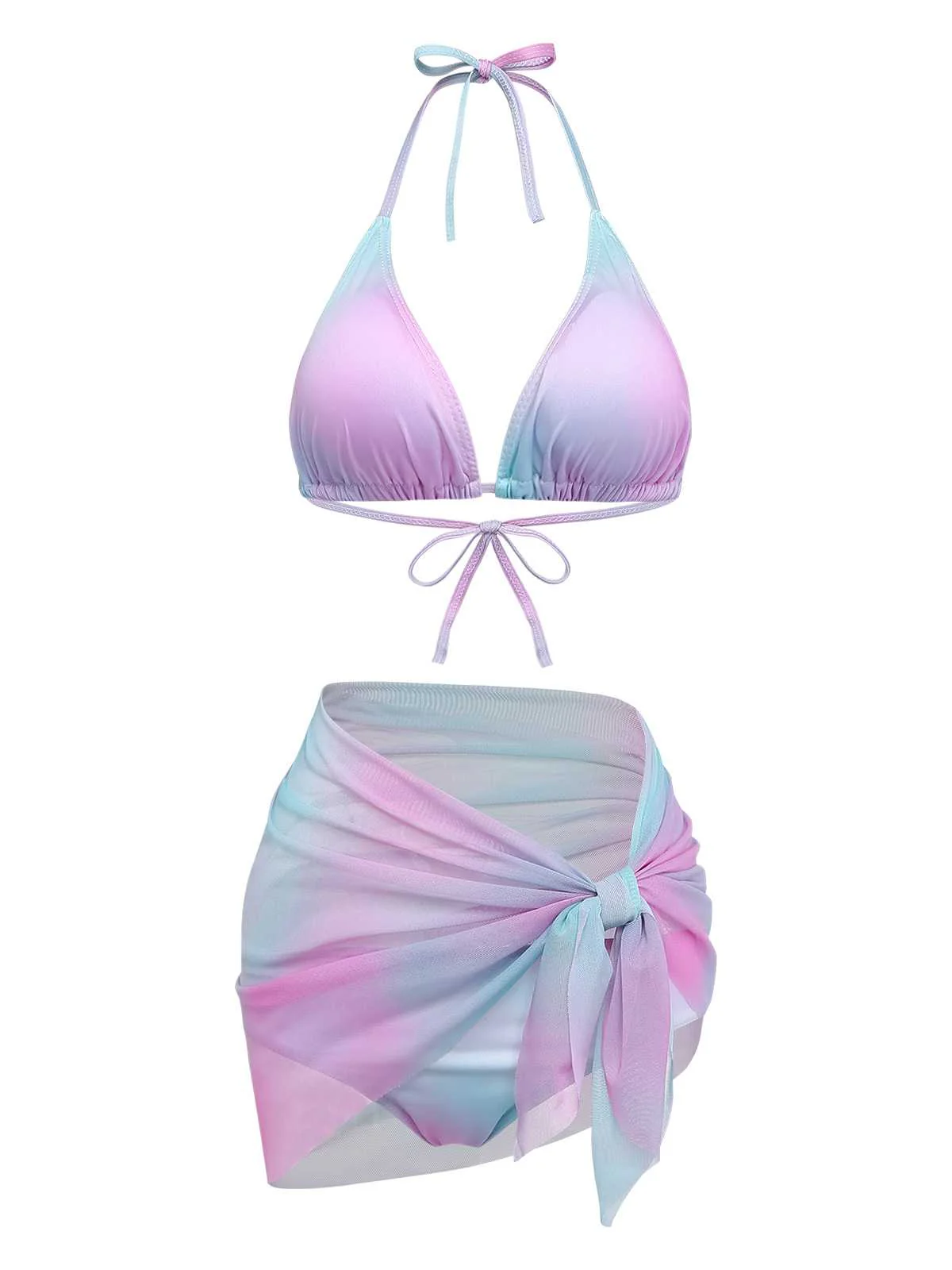 3PCS Y2K Halter Ombre Bikini Set & Cover-Up - Image 2