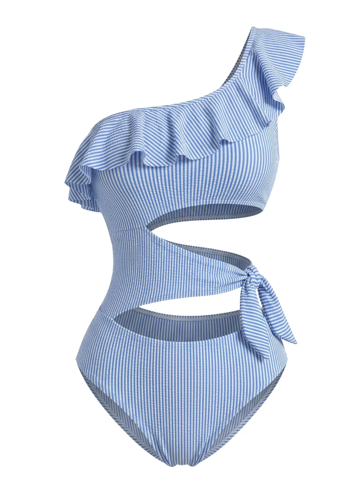 40er Badeanzug mit Streifen und asymmetrischem Cutout in Blau - Image 3