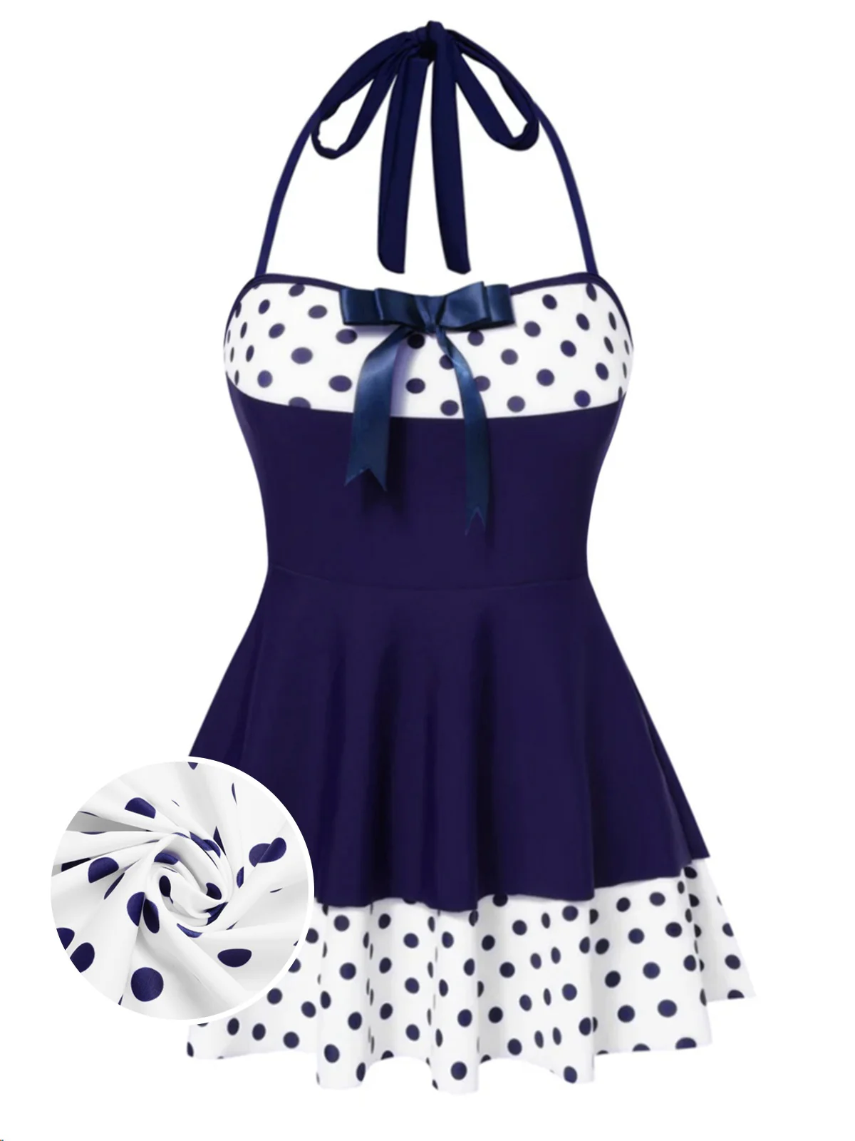 [Vorverkauf] Braun 1940er Tupfen Patchwork Halfter Badekleid - Image 2