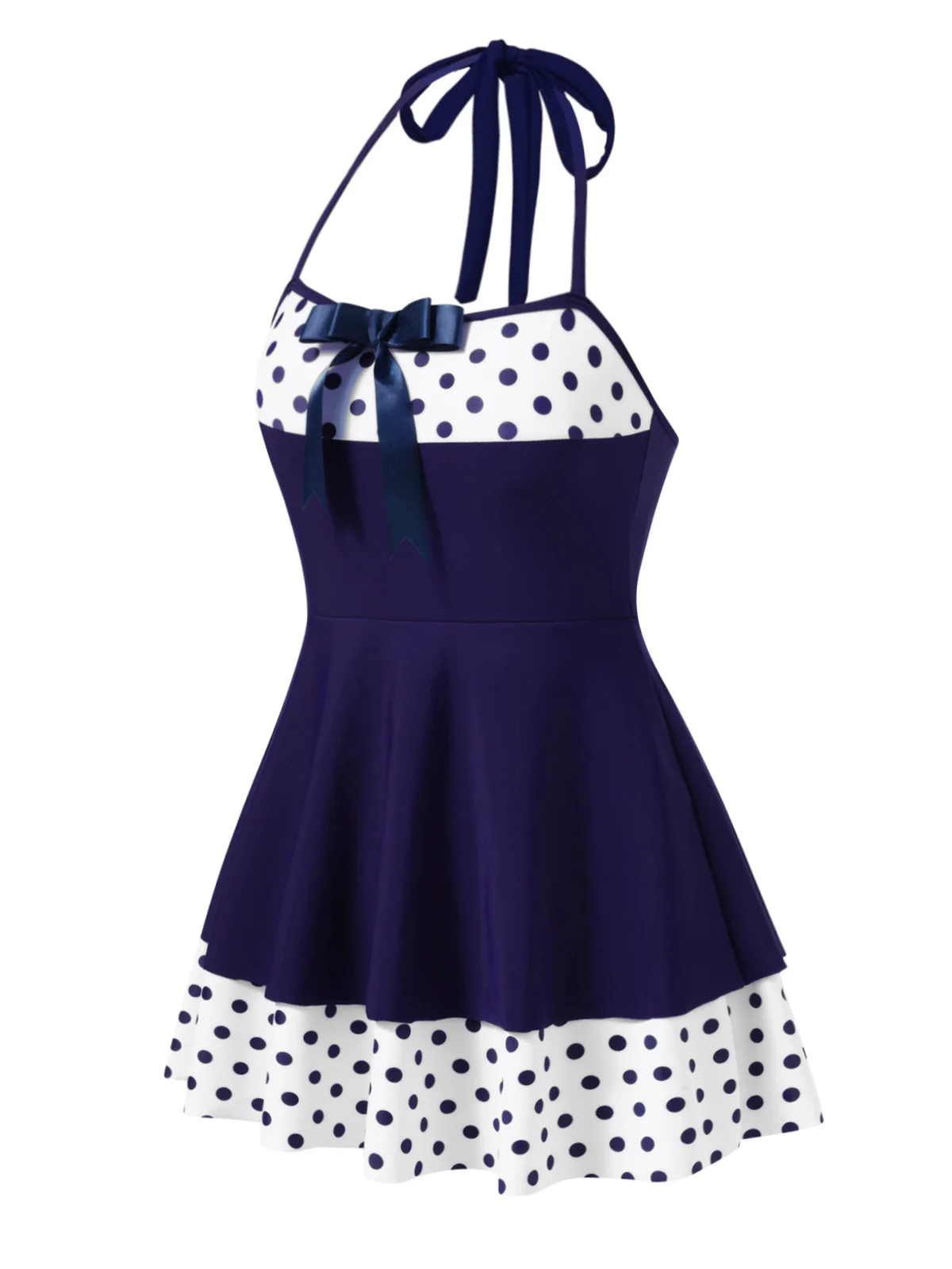 [Vorverkauf] Braun 1940er Tupfen Patchwork Halfter Badekleid - Image 4