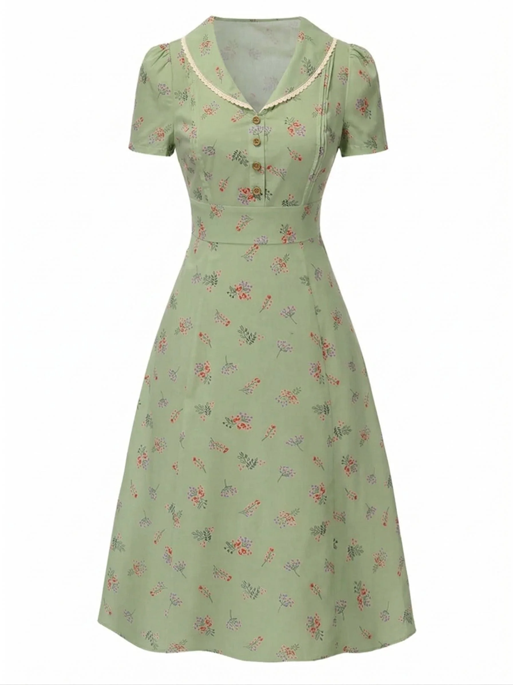 Beige 1940er Baumwolle Puffärmel Revers Blumen Kleid - Image 13
