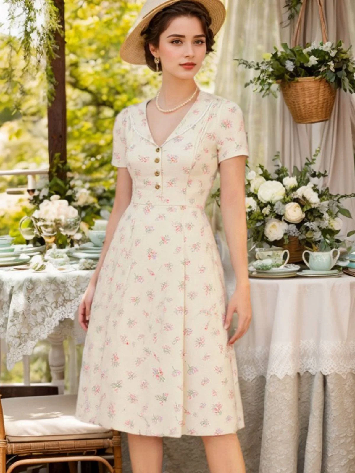 Blau 1940er Baumwolle Puffärmel Revers Blumen Kleid - Image 7