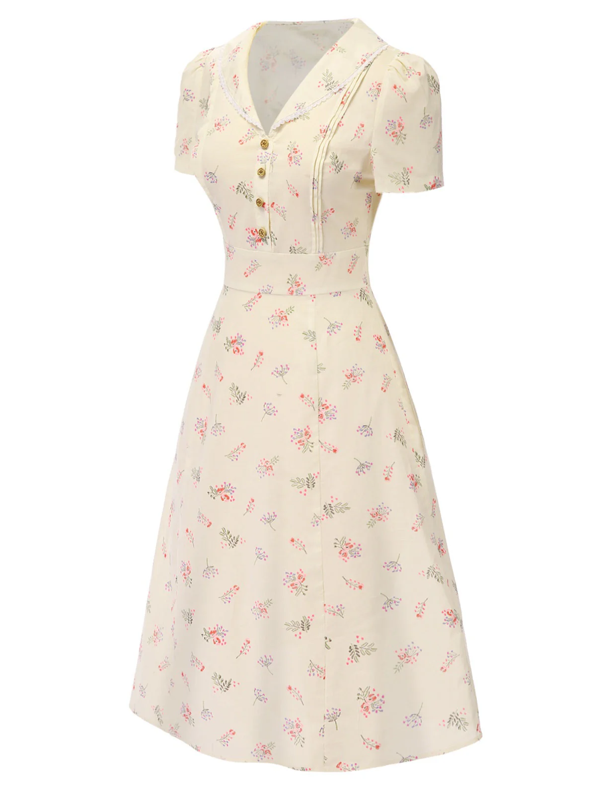Blau 1940er Baumwolle Puffärmel Revers Blumen Kleid - Image 9