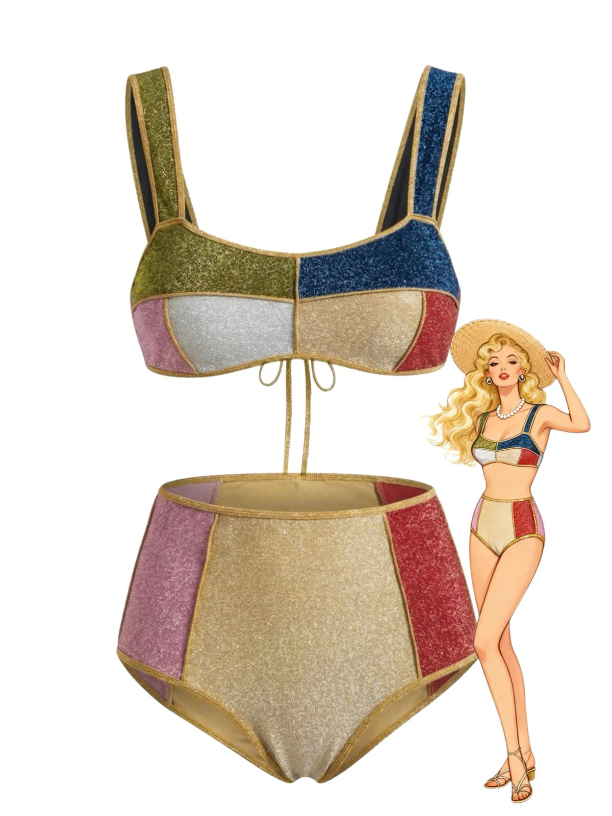 40er Bikini-Set mit Patchwork und Metallic in Mehrfarbig