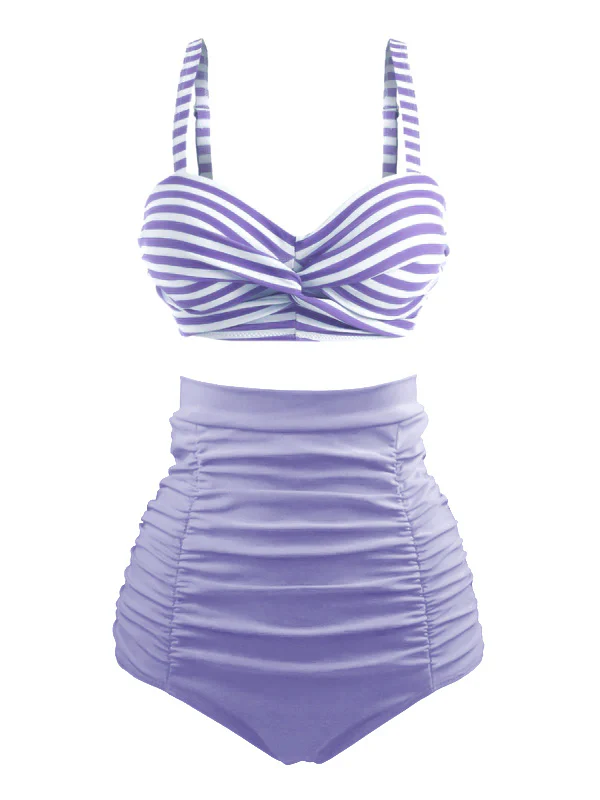 Marineblau 1940er Gestreiftes Colorblock Vintage Bikini Set - Image 4