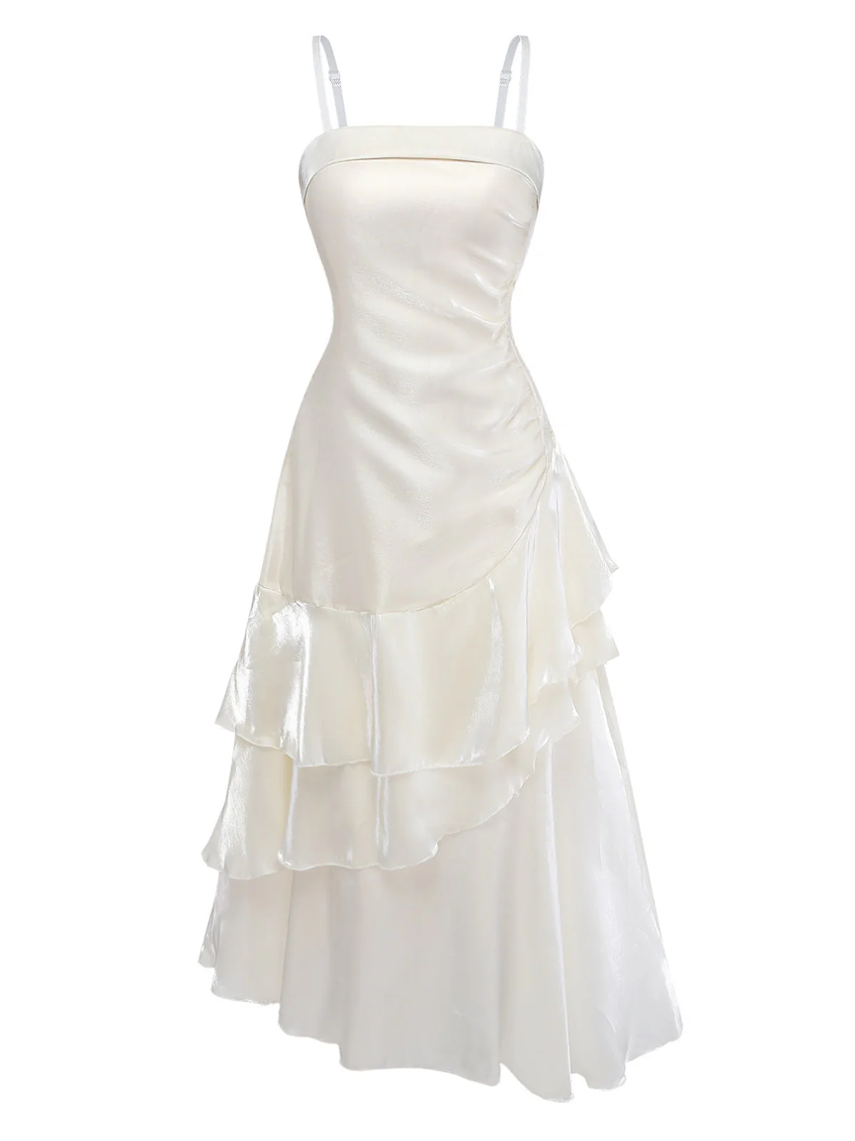 40er Kleid aus Satin mit Spaghettiträgern und Stufenrock in Weiß - Image 2