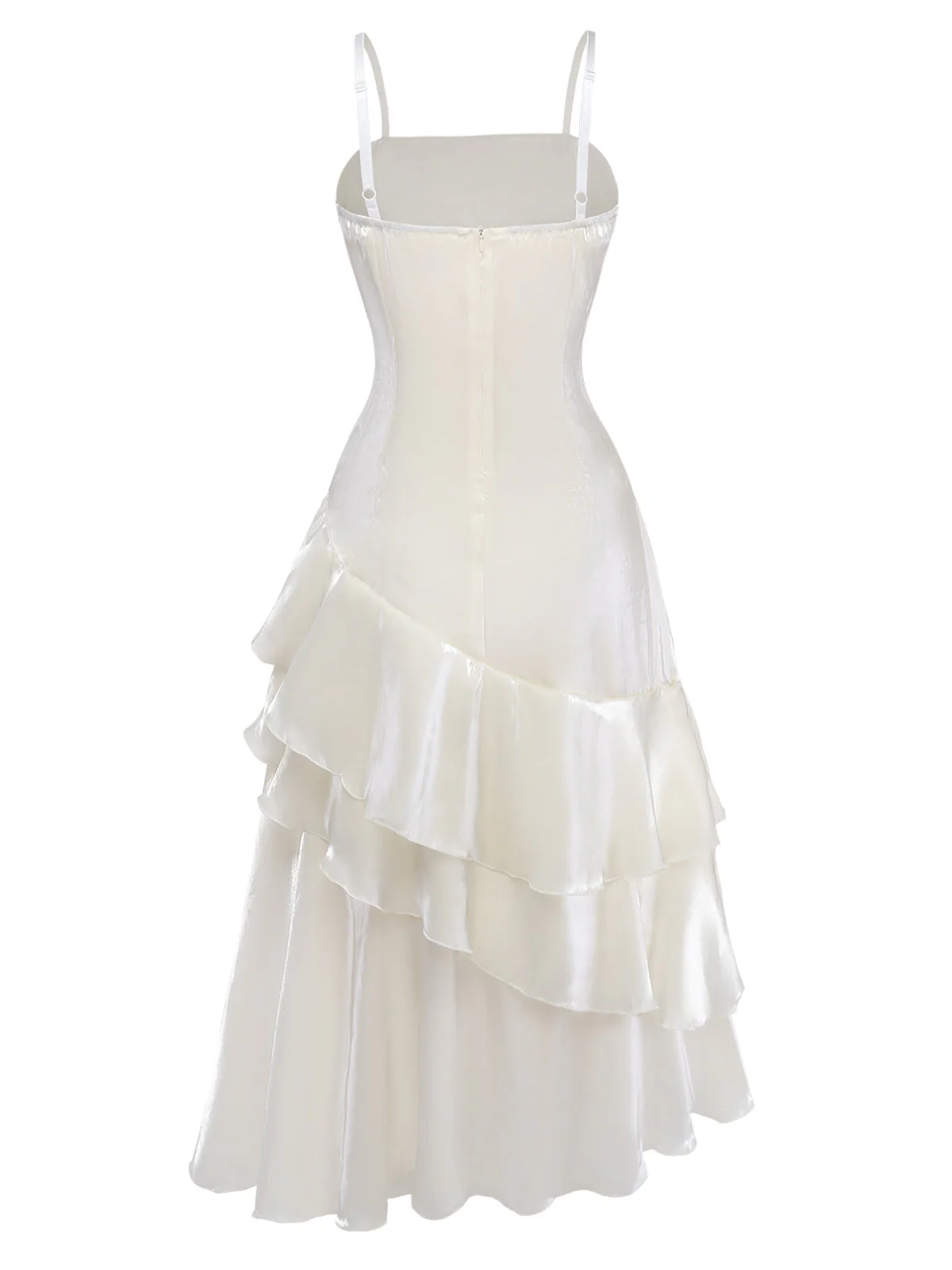 40er Kleid aus Satin mit Spaghettiträgern und Stufenrock in Weiß - Image 3