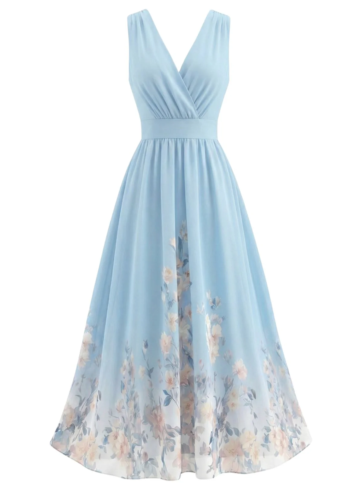 40er Midikleid mit V-Ausschnitt, Blumen und ärmellos