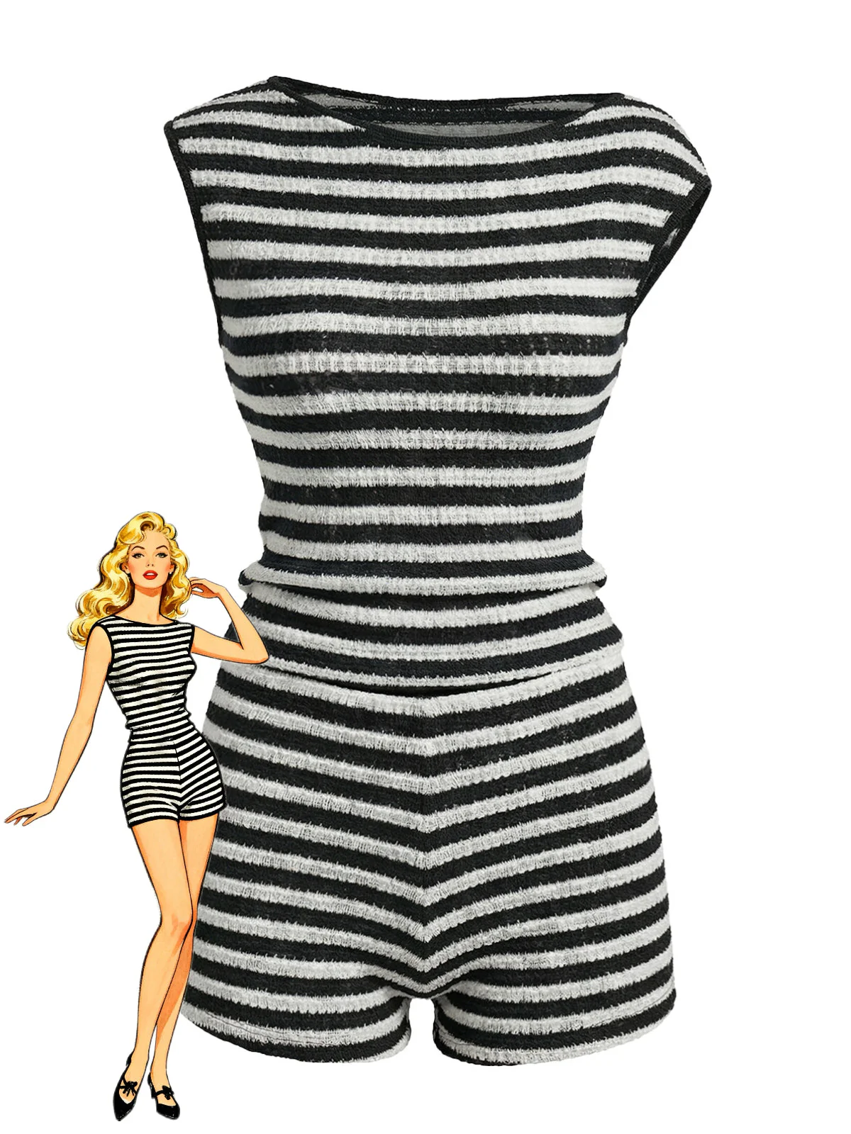 40er Set mit ärmellosem Top und Shorts mit hoher Taille, Streifen in Schwarz