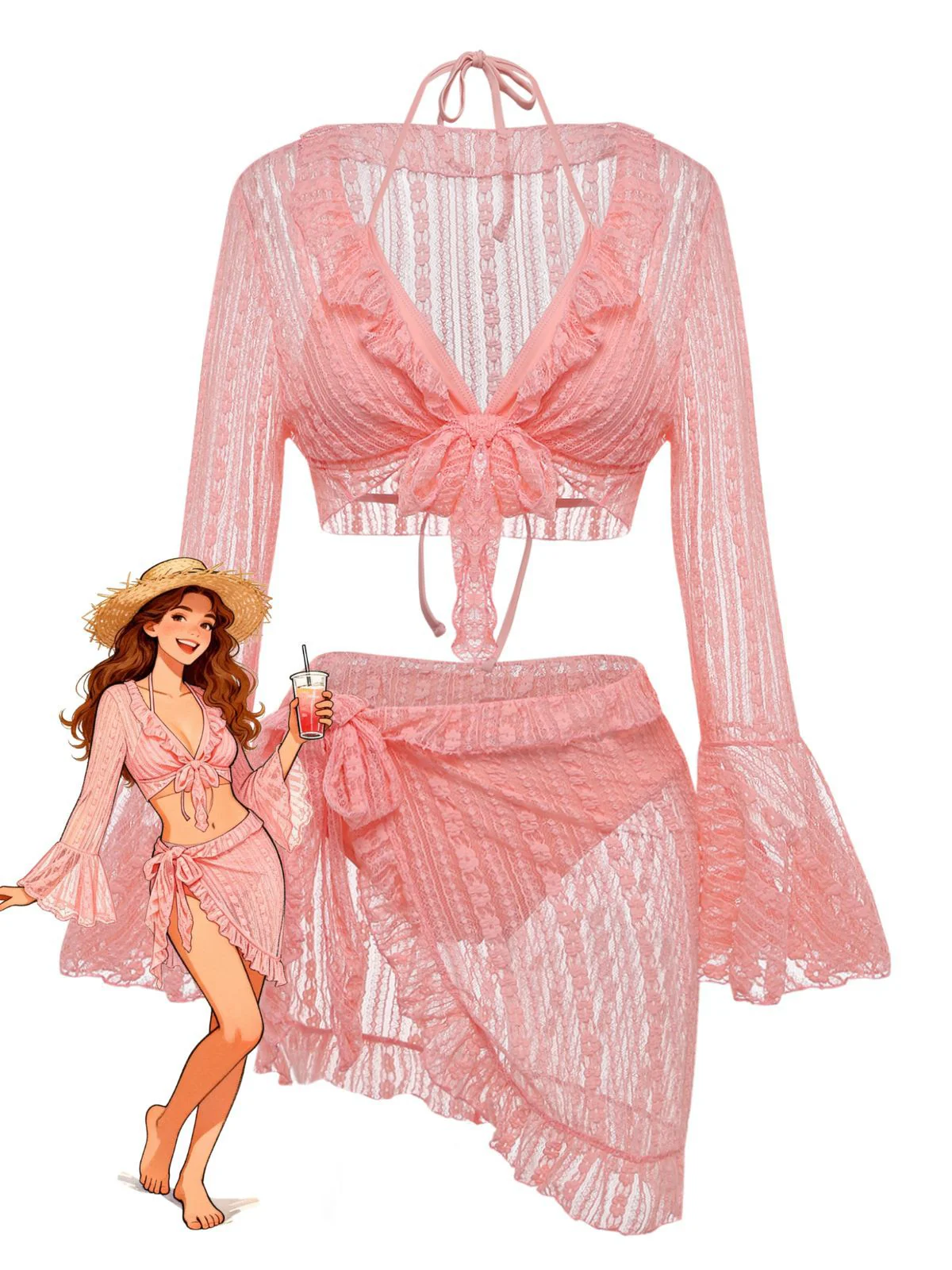 4PCS 1970er Halter Bikini Set & Transparent Glockenärmel Cover-Up